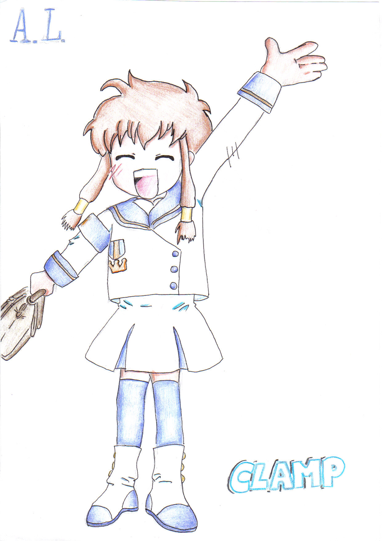suzuhara misaki, angelic layer, highres, blue eyes, brown hair, school uniform