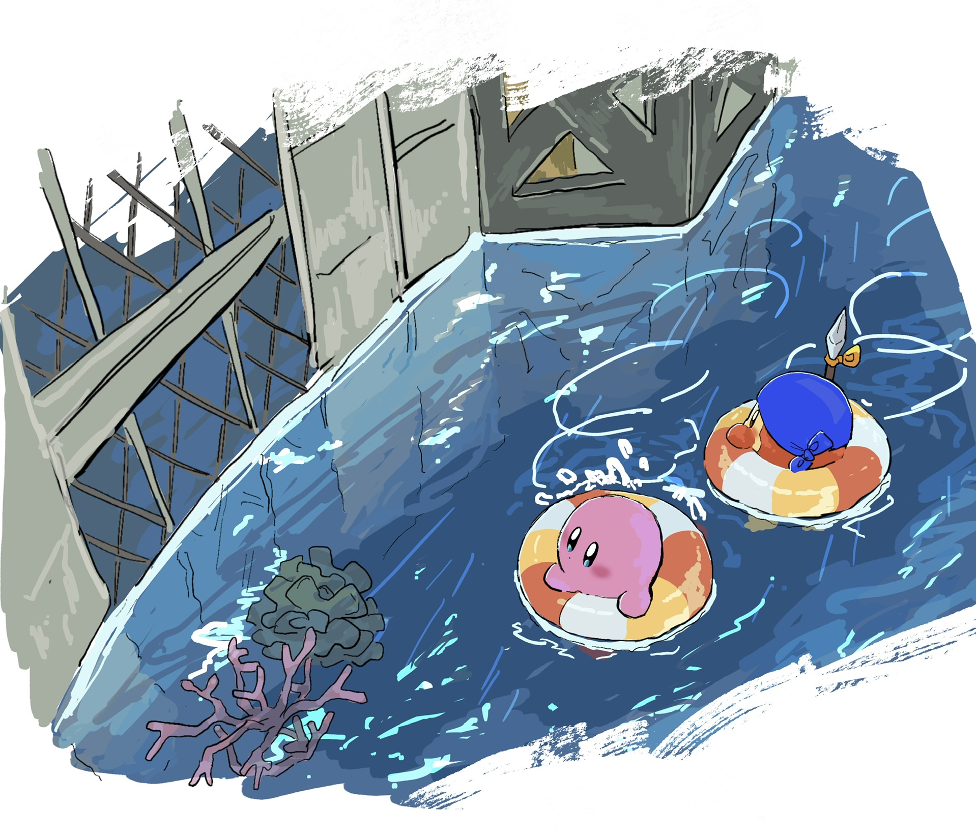 cns, bandana waddle dee, kirby, kirby (series), kirby and the forgotten land, nintendo, highres, bandana, blue bandana, blush stickers, chain-link fence, colored skin, coral, fence, no humans, orange skin, pink skin, polearm, spear, swim ring, water, weapon