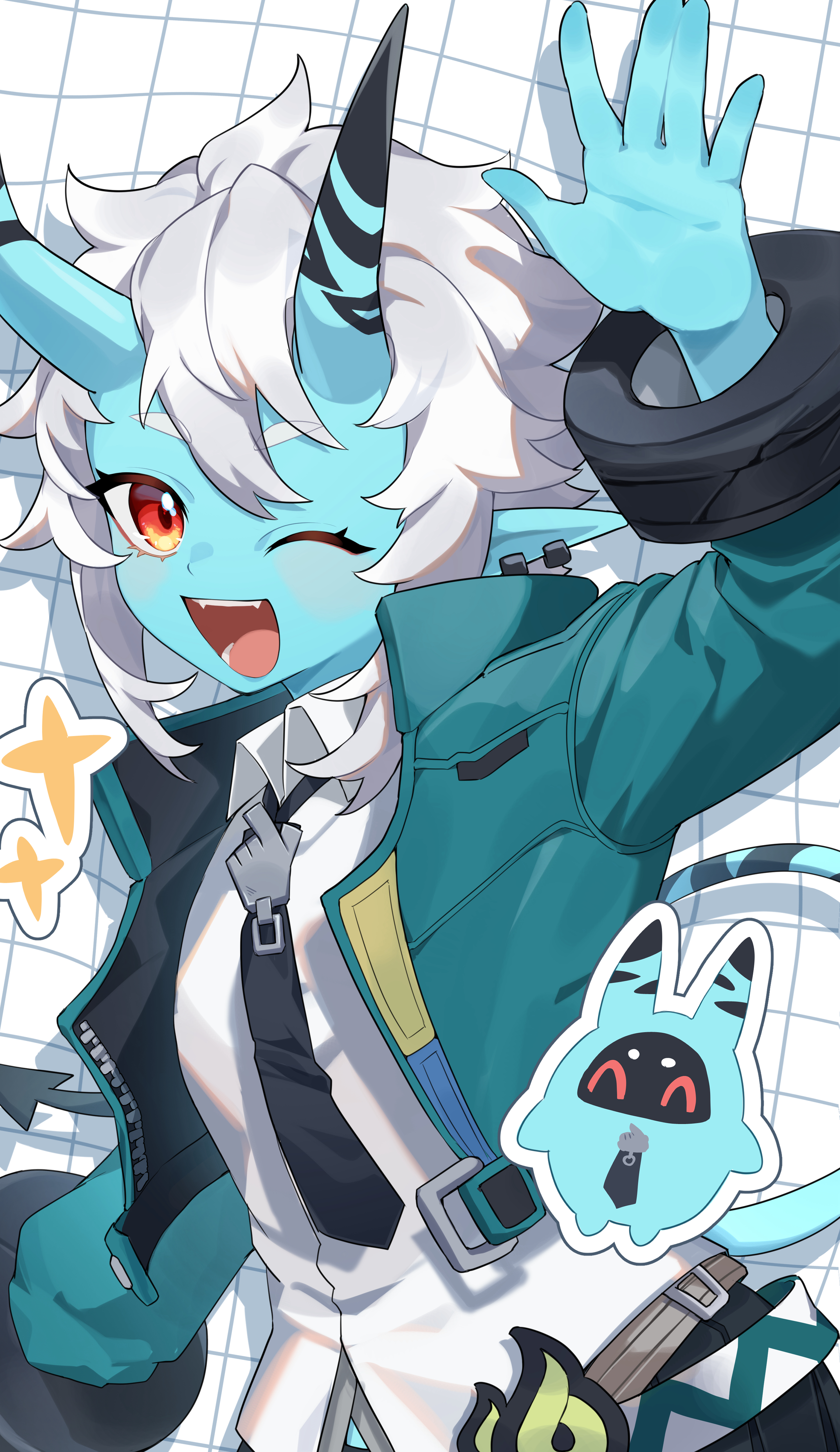 chawarabi, soukaku (zenless zone zero), zenless zone zero, absurdres, highres, 1girl, black necktie, blue jacket, blue skin, blush, collared shirt, colored skin, cropped jacket, demon girl, demon horns, demon tail, horns, jacket, looking at viewer, necktie, one eye closed, open mouth, pointy ears, red eyes, shirt, short hair, smile, solo, tail, white hair, white shirt