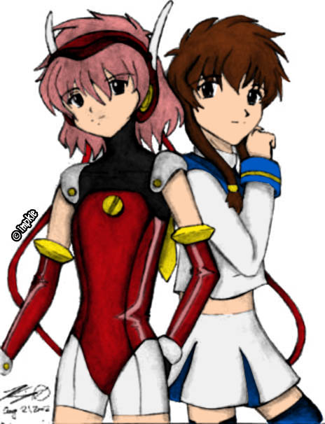 hikaru (angelic layer), suzuhara misaki, angelic layer, blue eyes, brown hair, pink hair, red eyes, school uniform, serafuku