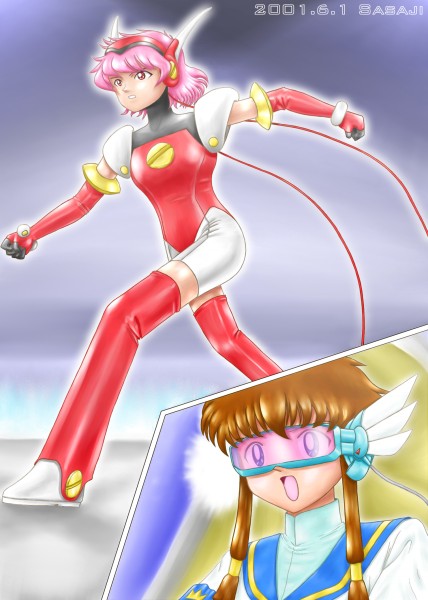 hikaru (angelic layer), suzuhara misaki, angelic layer, brown hair, pink hair, red eyes, school uniform, serafuku