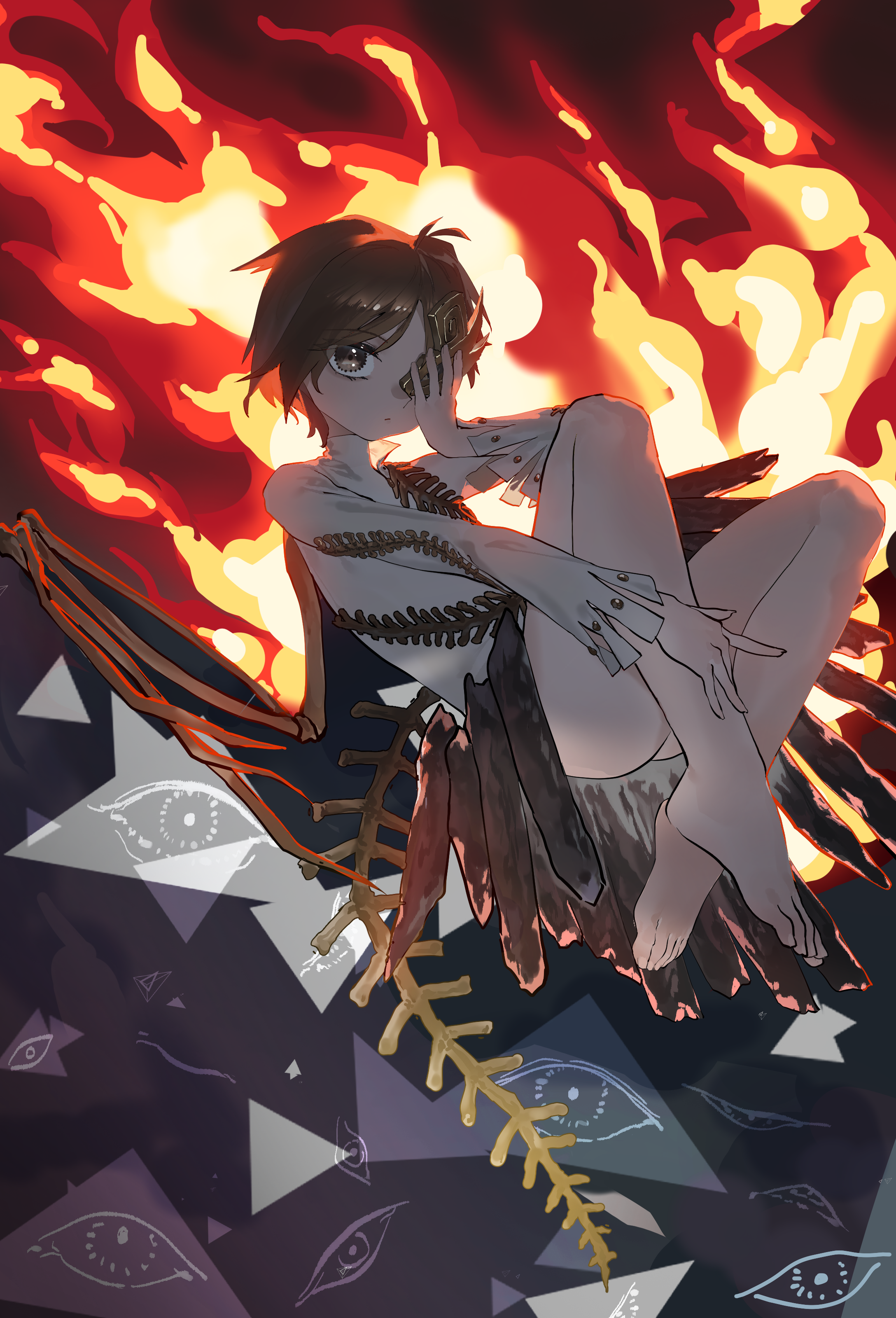 iwanaga ariya, fossilized wonders, touhou, absurdres, highres, 1girl, asymmetrical wings, barefoot, bone, brown eyes, brown hair, brown mask, curled up, expressionless, eye of providence, eyes on wings, fiery wings, fire, floating, half mask, holding, holding mask, long sleeves, looking at viewer, mask, mismatched wings, no panties, pleated skirt, rock, shirt, short hair, skeletal tail, skeletal wings, skirt, spinal cord, spine, torn clothes, torn sleeves, white shirt, wings