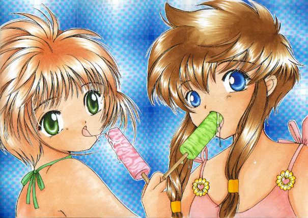 kinomoto sakura, suzuhara misaki, angelic layer, cardcaptor sakura, 1990s (style), 2girls, blue eyes, brown hair, child, crossover, food, green hair, long hair, looking at viewer, multiple girls, popsicle, retro artstyle, sexually suggestive, short hair, swimsuit