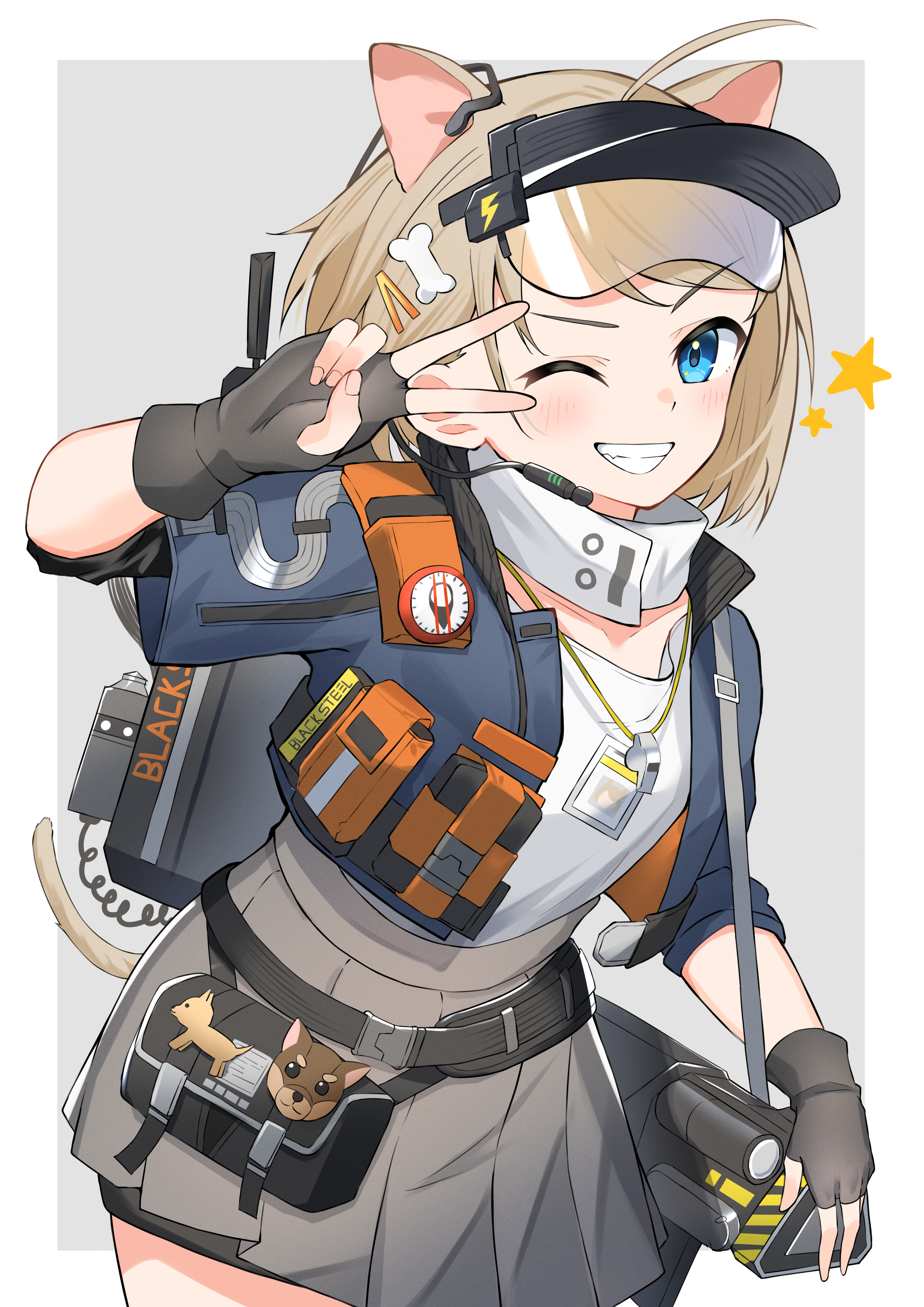 k@bu, almond (arknights), arknights, absurdres, commentary, highres, 1girl, animal ears, blue eyes, blue jacket, blush, bone hair ornament, border, breasts, brown hair, cowboy shot, cropped jacket, dog ears, dog girl, dog tail, dot nose, fingerless gloves, gloves, grey background, grey gloves, grey skirt, grin, hair ornament, headset, id card, jacket, looking at viewer, one eye closed, pleated skirt, pouch, scarf, shirt, short hair, short sleeves, simple background, skirt, small breasts, smile, solo, star (symbol), tail, teeth, v, v over eye, visor cap, whistle, white scarf, white shirt