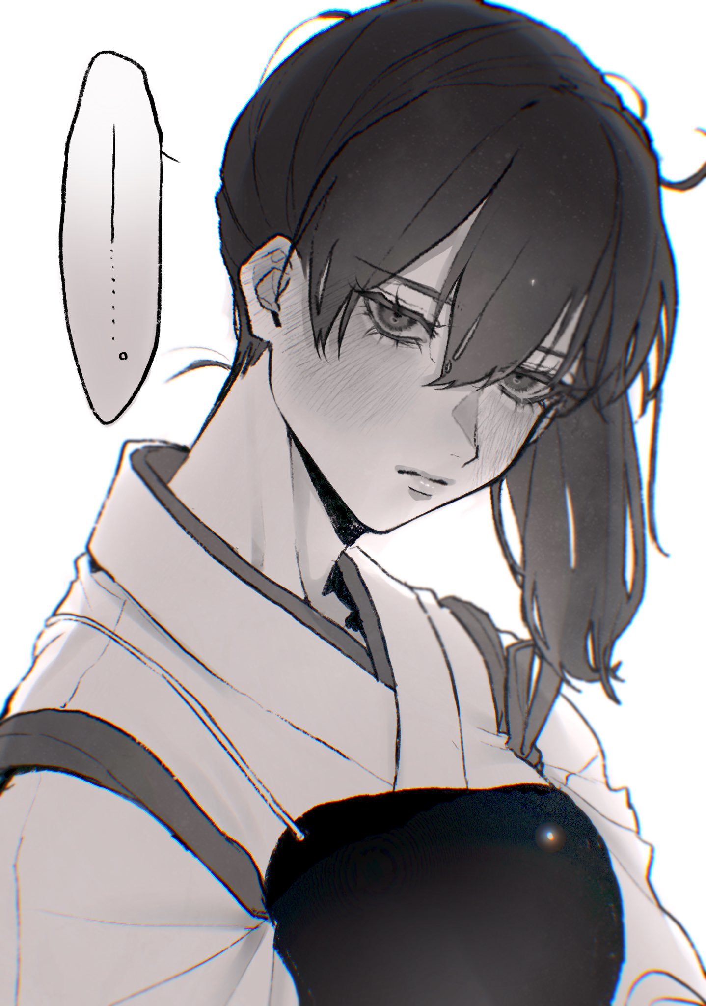 oucha (aupt31), kaga (kancolle), kantai collection, commentary, highres, …, 1girl, blush, ear blush, eyelashes, greyscale, hair between eyes, japanese clothes, kimono, looking at viewer, monochrome, muneate, side ponytail, simple background, solo, spoken ellipsis, tasuki, upper body