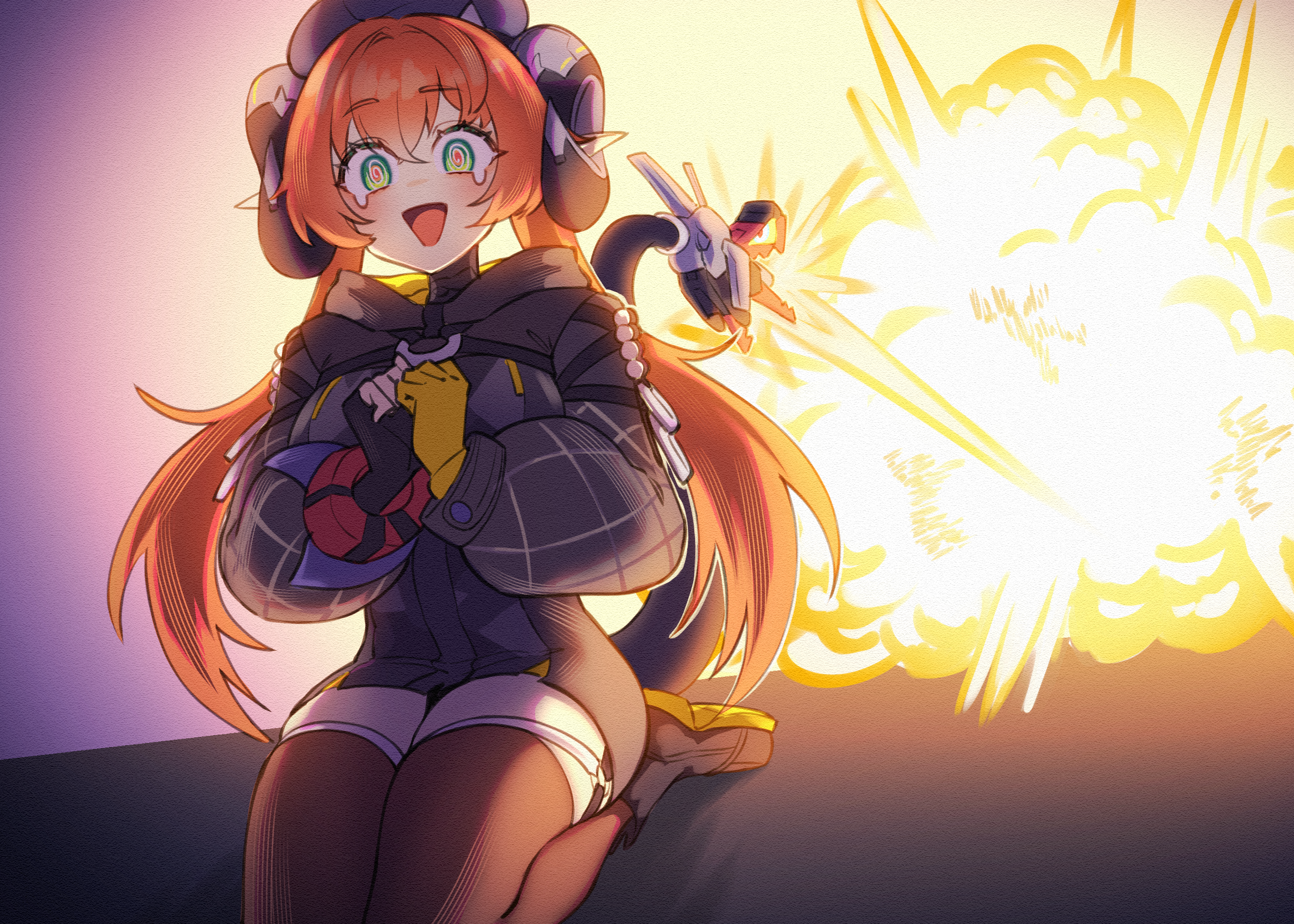 sher (imnotsher), magus (zenless zone zero), orphie magnusson, zenless zone zero, commentary, english commentary, highres, 1girl, @ @, black gloves, black hoodie, black shoes, black thighhighs, explosion, explosion background, fingerless gloves, gloves, hood, hoodie, long hair, open mouth, orange hair, shoes, solo, thighhighs, twintails, yellow gloves