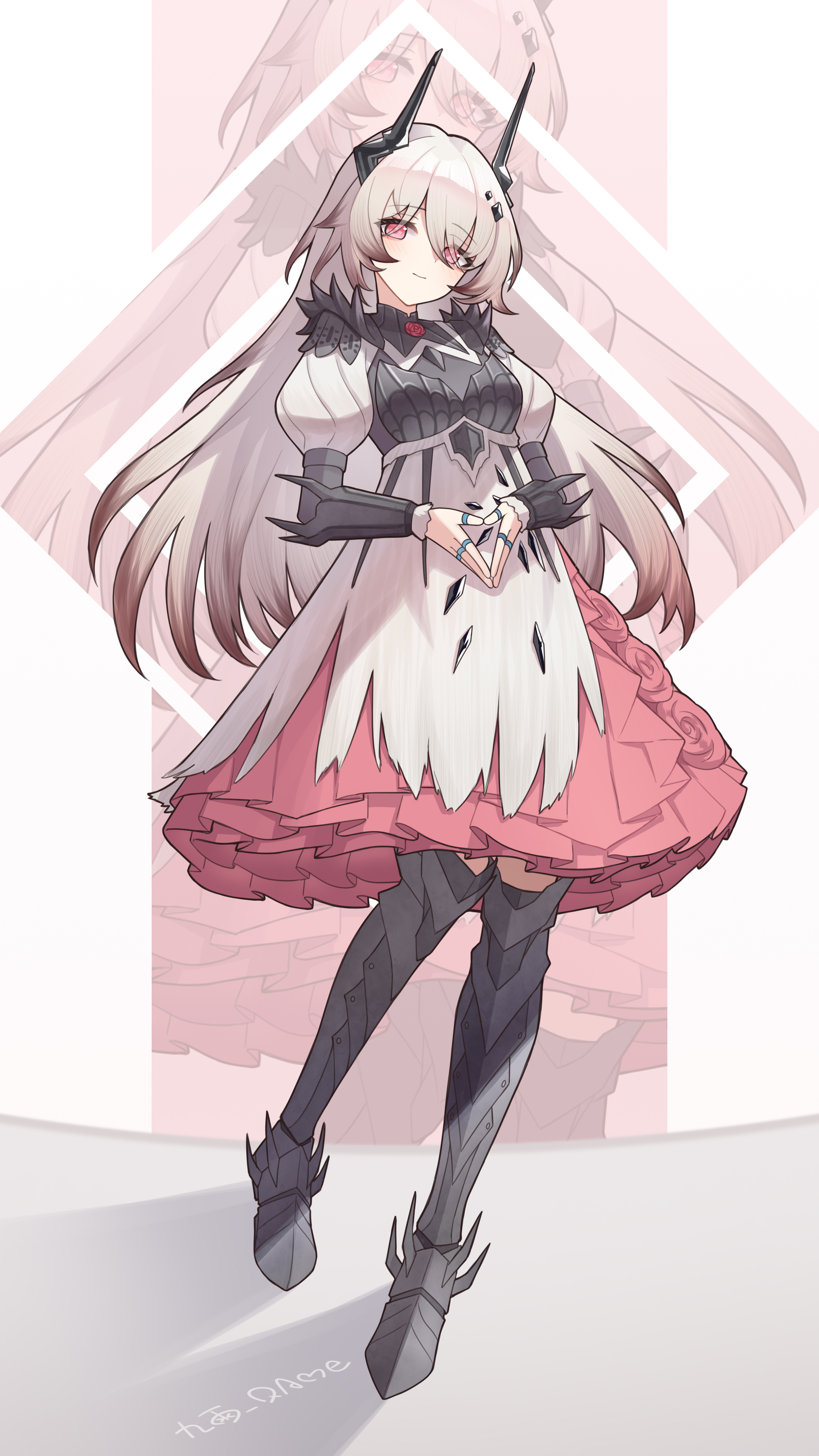jiuyu qame, theresa (arknights), arknights, monster hunter (series), absurdres, chinese commentary, commentary request, highres, 1girl, alternate costume, armor, armored boots, artist name, black boots, black horns, boots, breastplate, closed mouth, eyes visible through hair, frilled skirt, frills, full body, grey hair, horns, jewelry, light blush, light smile, long hair, looking at viewer, multiple rings, own hands together, pink eyes, pink skirt, prts logo (arknights), ring, shoulder armor, skirt, solo, standing, steepled fingers, thigh boots, vambraces, zoom layer