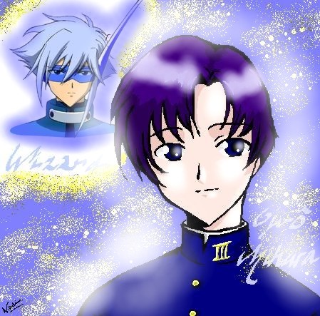 mihara oojirou, wizard (angelic layer), angelic layer, lowres, 1boy, black hair, blue hair, male focus, multiple views, school uniform