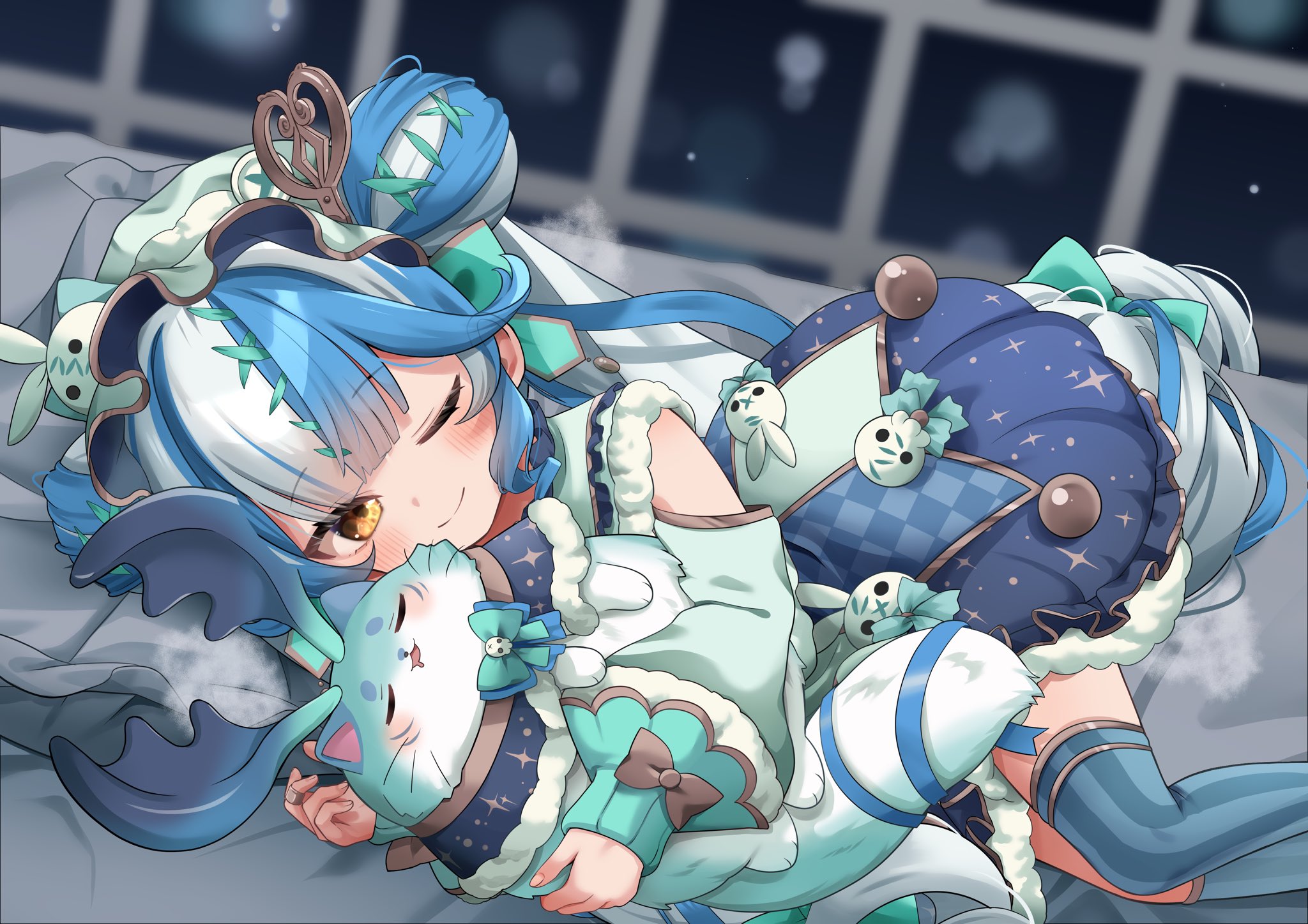 twisty amanozako, nijisanji, nijisanji en, artist request, highres, second-party source, 1girl, animal, aqua thighhighs, bandaid, bandaid on finger, blue bow, blue bowtie, blue hair, bow, bowtie, checkered clothes, checkered dress, closed eyes, closed mouth, double bun, dress, drooling, green bow, green bowtie, green hat, hair bow, hair bun, hair ornament, hat, holding, long hair, long sleeves, lying, mob cap, mouth drool, multicolored dress, multicolored hair, on bed, on side, one eye closed, smile, streaked hair, striped clothes, striped thighhighs, thighhighs, vertical-striped clothes, vertical-striped thighhighs, virtual youtuber, white hair, yellow eyes