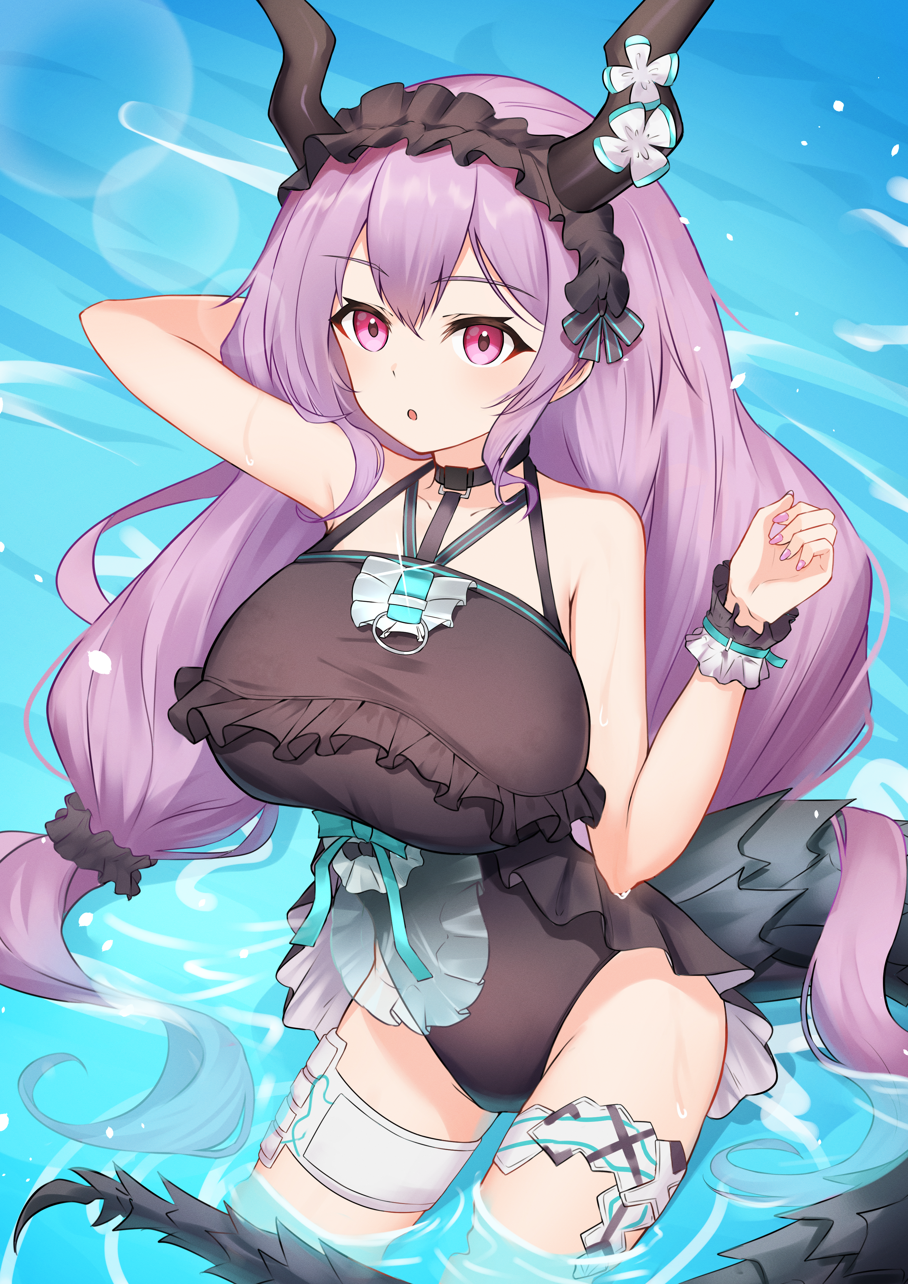 k@bu, typhon (arknights), typhon (temperature difference) (arknights), arknights, absurdres, commentary, highres, 1girl, arm up, black one-piece swimsuit, breasts, demon girl, demon horns, demon tail, frilled one-piece swimsuit, frills, horns, huge breasts, long hair, looking at viewer, looking up, low-tied long hair, one-piece swimsuit, pink eyes, purple hair, solo, swimsuit, tail, thigh strap, very long hair, wading, water