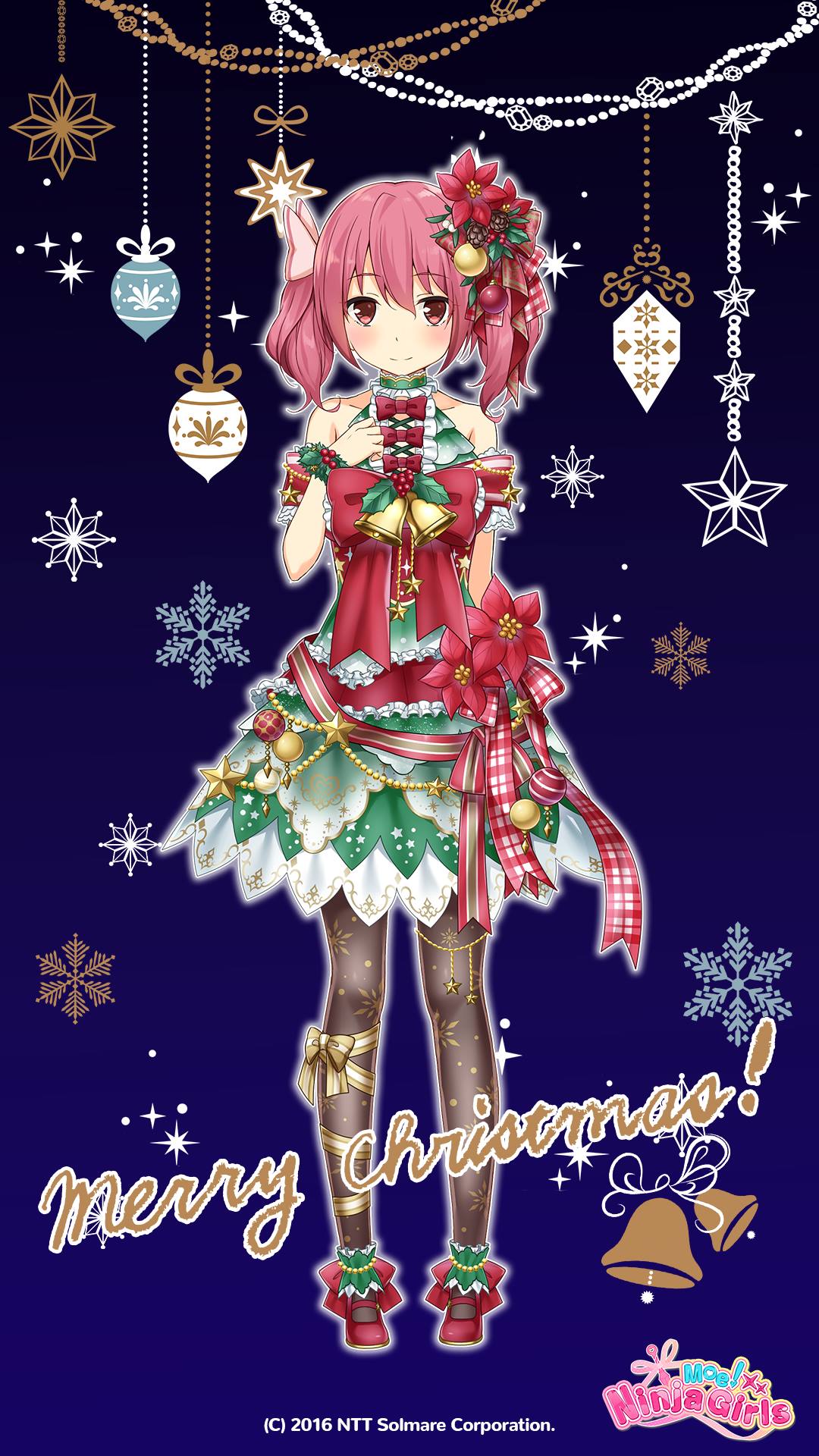 momochi myu, moe! ninja girls, highres, official art, 1girl, bare shoulders, breasts, christmas, closed mouth, company name, copyright name, copyright notice, dress, flower, full body, fur trim, logo, looking at viewer, merry christmas, pantyhose, pink eyes, pink hair, red shoes, santa costume, santa dress, shoes, smile, snowflakes, solo, split mouth, standing, star (symbol)