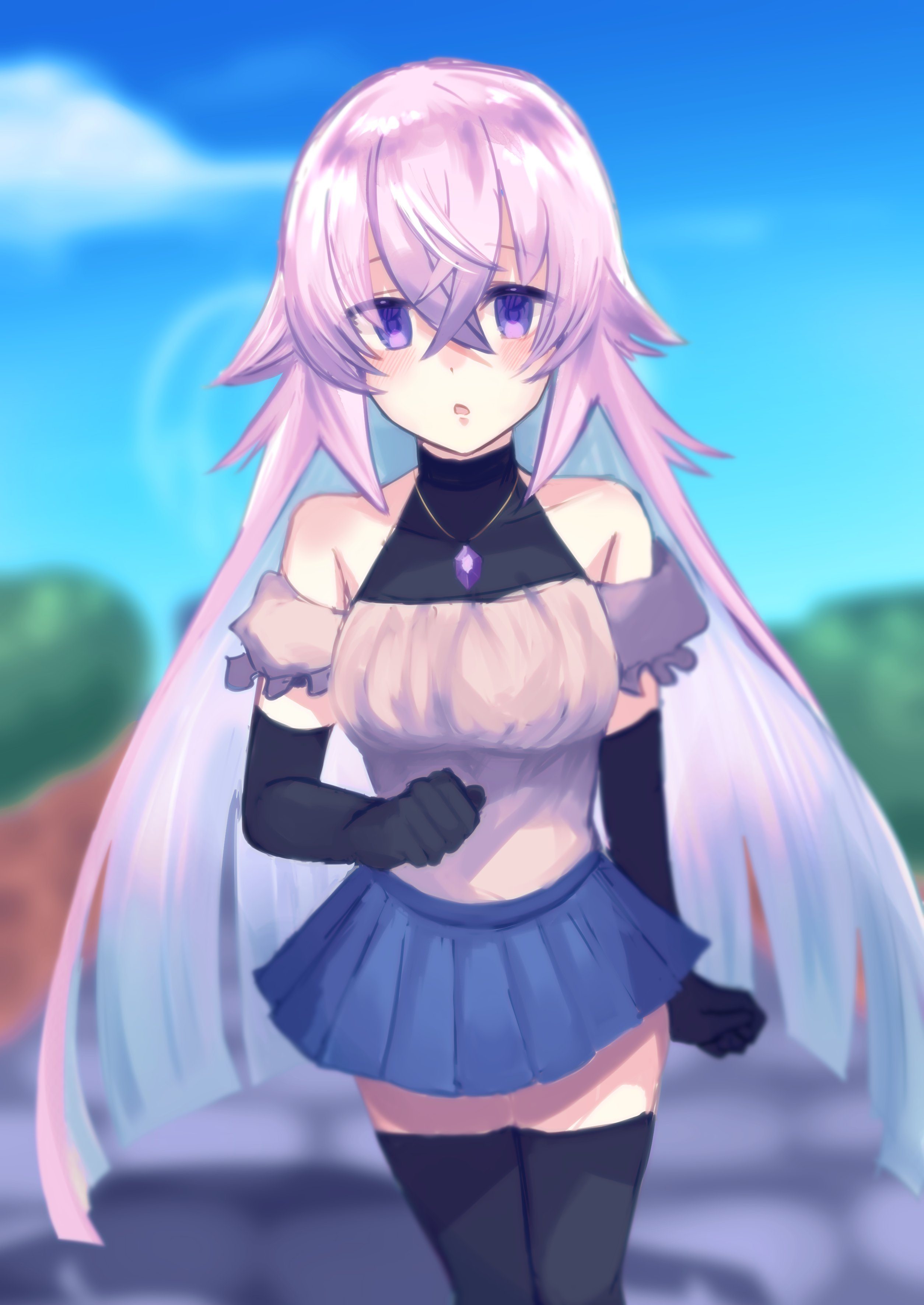 magic mirror (grimms notes), grimms notes, 1girl, alternate costume, black thighhighs, long hair, purple eyes, purple hair, solo, thighhighs, yuzurihanoah
