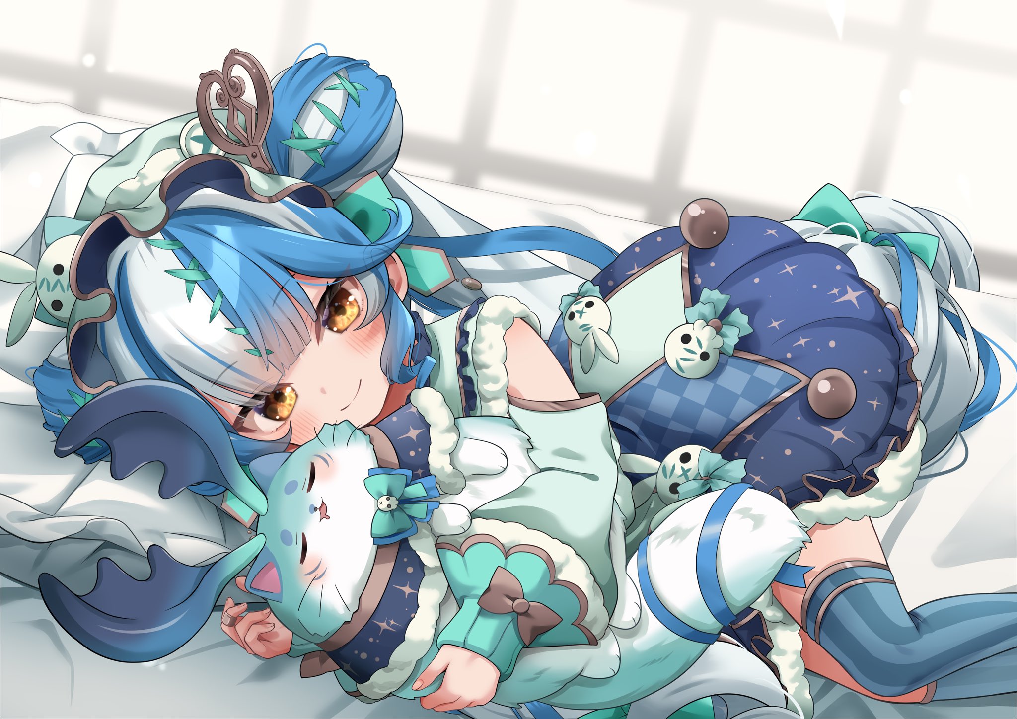 twisty amanozako, nijisanji, nijisanji en, artist request, highres, second-party source, 1girl, animal, aqua thighhighs, bandaid, bandaid on finger, blue bow, blue bowtie, blue hair, bow, bowtie, checkered clothes, checkered dress, closed eyes, closed mouth, double bun, dress, drooling, green bow, green bowtie, green hat, hair bow, hair bun, hair ornament, hat, holding, long hair, long sleeves, lying, mob cap, mouth drool, multicolored dress, multicolored hair, on bed, on side, smile, streaked hair, striped clothes, striped thighhighs, thighhighs, vertical-striped clothes, vertical-striped thighhighs, virtual youtuber, white hair, yellow eyes