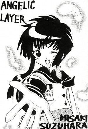 suzuhara misaki, angelic layer, lowres, tagme, feathers, foreshortening, monochrome, sketch, wink
