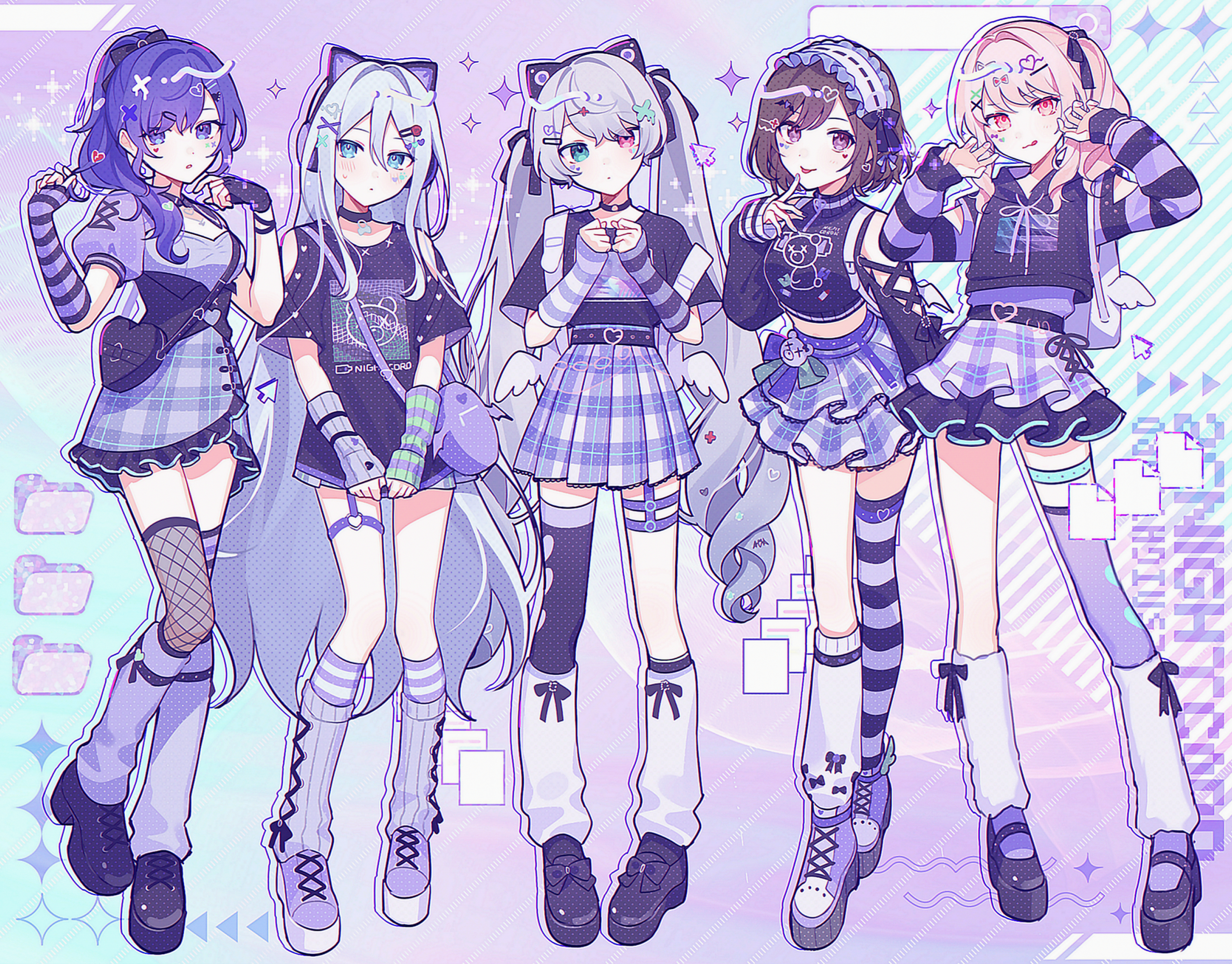 waka (wk4444), 25-ji miku, akiyama mizuki, asahina mafuyu, hatsune miku, shinonome ena, yoisaki kanade, 25-ji nightcord de. (project sekai), project sekai, vocaloid, commentary request, highres, 1other, 4girls, :p, animal ear headphones, animal ears, asymmetrical gloves, asymmetrical legwear, backpack, bag, bare shoulders, belt, black bag, black corset, black shoes, blue eyes, blush, bow, brown eyes, brown hair, cat ear headphones, closed mouth, clothing cutout, collar, corset, crop top, cropped jacket, cross-laced clothes, cross-laced cutout, cross-laced skirt, cross-laced sleeves, dress, elbow gloves, fake animal ears, fingerless gloves, fishnets, full body, garter straps, gloves, grey hair, group name, group picture, hair between eyes, hair bow, hair ornament, hair ribbon, hairclip, headphones, heart, heart-shaped bag, heart belt, heart o-ring, heterochromia, high ponytail, high side ponytail, holding, holding own hair, kneehighs, leg warmers, limited palette, lineup, long hair, long shirt, long sleeves, looking at viewer, loose socks, matching outfits, mismatched arm warmers, mismatched gloves, mismatched legwear, multiple girls, multiple thigh straps, negai wa itsuka asa wo koete (project sekai), o-ring, official alternate costume, pigeon-toed, pink eyes, pink hair, plaid clothes, plaid skirt, pleated skirt, ponytail, print shirt, purple bag, purple eyes, purple hair, purple leg warmers, purple shirt, purple skirt, purple socks, purple theme, ribbon, round bag, shirt, shoes, short hair, shoulder bag, shoulder cutout, side ponytail, single fishnet legwear, single garter strap, single kneehigh, single loose sock, single sock, single thighhigh, skirt, sleeves past wrists, smile, socks, socks over fishnets, standing, striped arm warmers, striped clothes, striped gloves, striped thighhighs, thigh strap, thighhighs, tongue, tongue out, turtleneck, twintails, uneven gloves, uneven legwear, very long hair, white hair, winged bag, yami kawaii