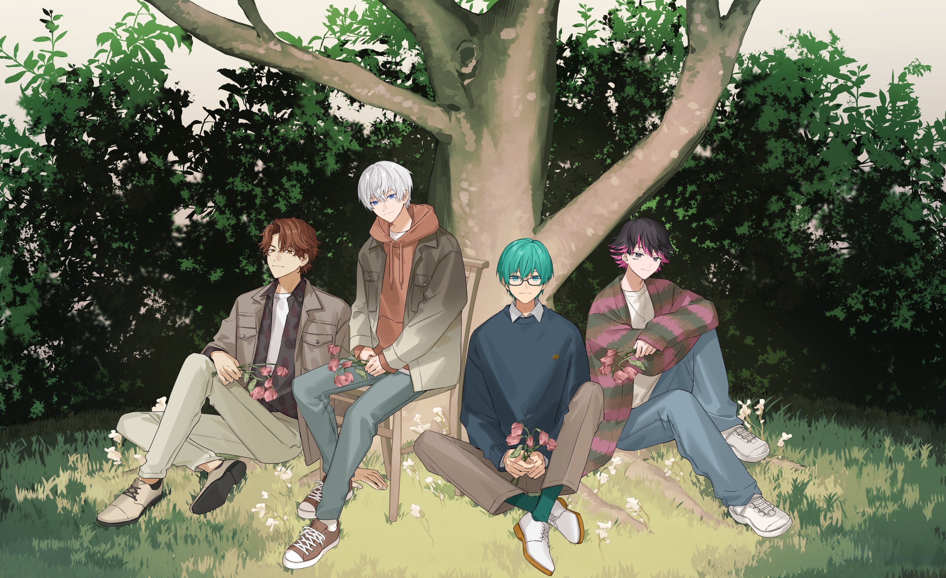 isamu, absurdres, highres, official art, >:), 4boys, aqua eyes, aqua hair, arm support, average (oreviva), black eyes, black hair, black shirt, blue eyes, blue pants, blue sweater, brown cardigan, brown eyes, brown hair, brown hoodie, brown pants, brown shoes, cardigan, chair, closed mouth, collared shirt, crew neck, cross-laced shoes, crossed arms, curtained hair, day, denim, drawstring, dress shoes, facial mark, flipped hair, flower, glasses, gradient clothes, gradient jacket, green cardigan, green socks, grey jacket, group picture, hair between eyes, hedge, holding, holding flower, hood, hood down, hoodie, indian style, jacket, jeans, knee up, looking at viewer, male focus, meiya (oreviva), multicolored cardigan, multicolored hair, multiple boys, nero-chan (oreviva), on grass, open clothes, open shirt, oretachi no yuu viva!, pants, pink cardigan, pink eyes, pink flower, putera takahashi, shirt, shoe soles, shoes, sitting, smile, sneakers, socks, streaked hair, striped cardigan, sweater, tree, under tree, v-shaped eyebrows, white flower, white hair, white pants, white shirt, white shoes, white undershirt