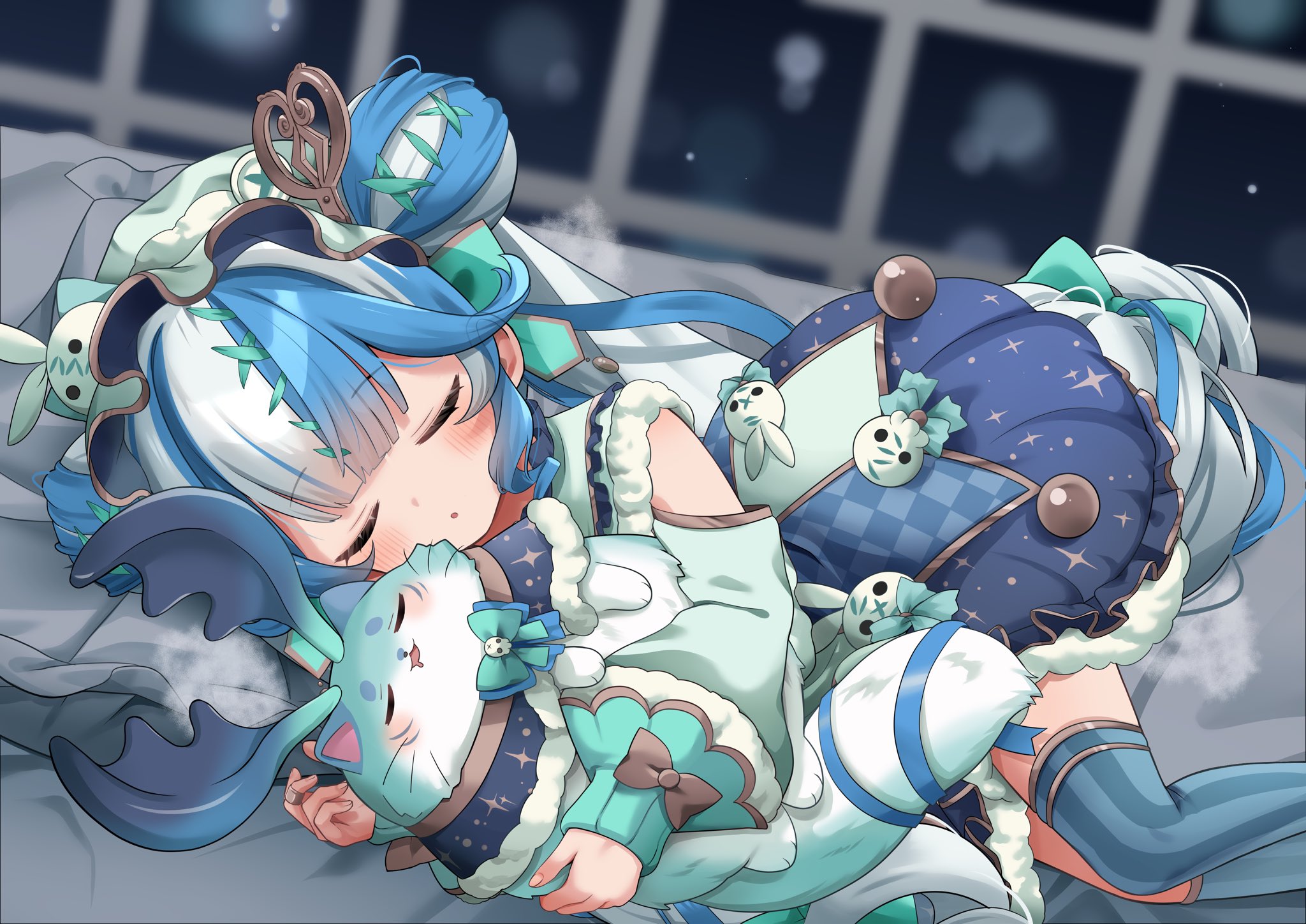 twisty amanozako, nijisanji, nijisanji en, artist request, highres, second-party source, 1girl, animal, aqua thighhighs, bandaid, bandaid on finger, blue bow, blue bowtie, blue hair, bow, bowtie, checkered clothes, checkered dress, closed eyes, closed mouth, double bun, dress, drooling, green bow, green bowtie, green hat, hair bow, hair bun, hair ornament, hat, holding, long hair, long sleeves, lying, mob cap, mouth drool, multicolored dress, multicolored hair, on bed, on side, smile, streaked hair, striped clothes, striped thighhighs, thighhighs, vertical-striped clothes, vertical-striped thighhighs, virtual youtuber, white hair