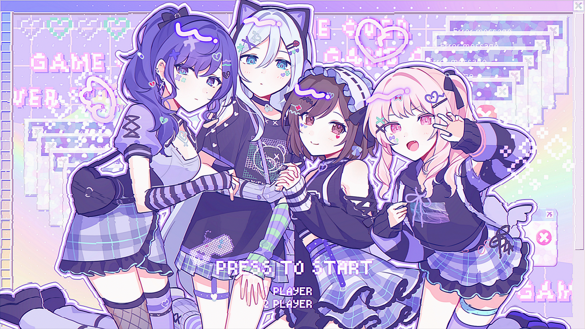 waka (wk4444), akiyama mizuki, asahina mafuyu, shinonome ena, yoisaki kanade, 25-ji nightcord de. (project sekai), project sekai, commentary request, highres, 1other, 3girls, animal ear headphones, animal ears, bare shoulders, black bow, blue eyes, bow, brown eyes, brown hair, cat ear headphones, clothing cutout, drawn wings, dress, fake animal ears, frilled dress, frilled skirt, frills, hair between eyes, hair bow, hair ornament, hairclip, headphones, holding hands, hood, hoodie, long hair, long sleeves, multiple girls, negai wa itsuka asa wo koete (project sekai), official alternate costume, pink eyes, pink hair, plaid clothes, plaid skirt, puffy short sleeves, puffy sleeves, purple dress, purple eyes, purple hair, purple hoodie, purple shirt, purple shoes, purple sweater, purple theme, shirt, shoes, short hair, short sleeves, shoulder cutout, side ponytail, skirt, striped sleeves, sweater, thigh strap, very long hair, white background, window (computing)