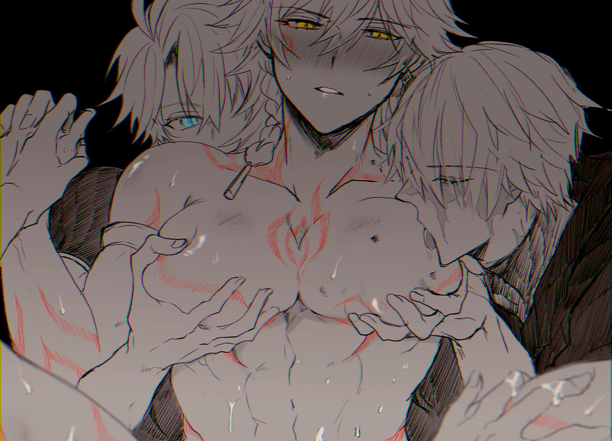 flame reaver of the deepest dark, mydei (honkai: star rail), phainon (honkai: star rail), honkai: star rail, honkai (series), highres, 4boys, abs, antenna hair, arm tattoo, black background, blue eyes, blush, chest tattoo, closed eyes, facial tattoo, grabbing from behind, greyscale, holding hands, large pectorals, leg tattoo, licking, licking pectoral, male focus, meshiau79187, monochrome, multiple boys, multiple persona, parted bangs, pectoral grab, pectorals, red tattoo, scar, scar on face, short hair, simple background, spot color, tattoo, toned, toned male, white hair, yaoi