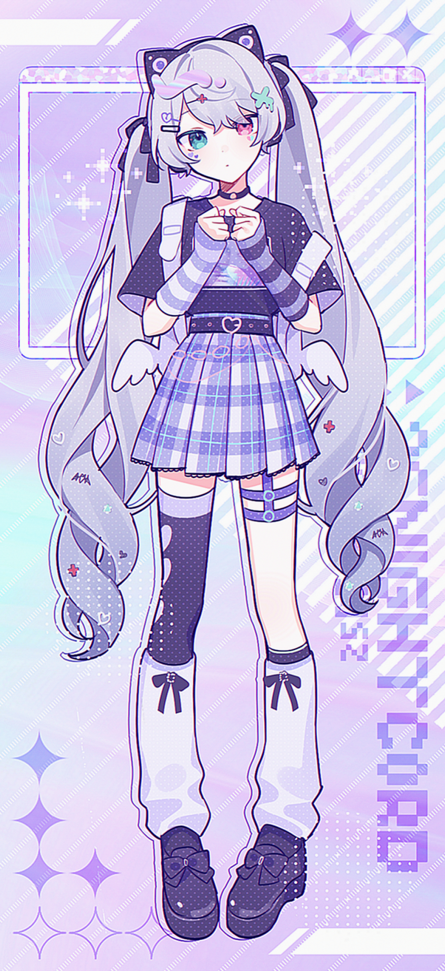 waka (wk4444), 25-ji miku, hatsune miku, project sekai, vocaloid, commentary request, highres, 1girl, animal ears, arm warmers, asymmetrical legwear, backpack, bag, belt, black belt, black shirt, black shoes, black thighhighs, bow, buckle, cat ears, clenched hands, english text, facial mark, fake animal ears, footwear bow, full body, garter straps, grey hair, group name, hair ornament, hands up, heart, heart-shaped buckle, heart belt, heart facial mark, kneehighs, leg warmers, long hair, matching outfits, mismatched arm warmers, multiple thigh straps, negai wa itsuka asa wo koete (project sekai), official alternate costume, pigeon-toed, plaid clothes, plaid skirt, pleated skirt, print shirt, purple background, purple skirt, purple theme, shirt, shirt tucked in, shoes, short sleeves, single kneehigh, single sock, single thighhigh, skirt, socks, solo, standing, swept bangs, thigh strap, thighhighs, twintails, uneven legwear, very long hair, white bag, winged bag, x hair ornament, yami kawaii