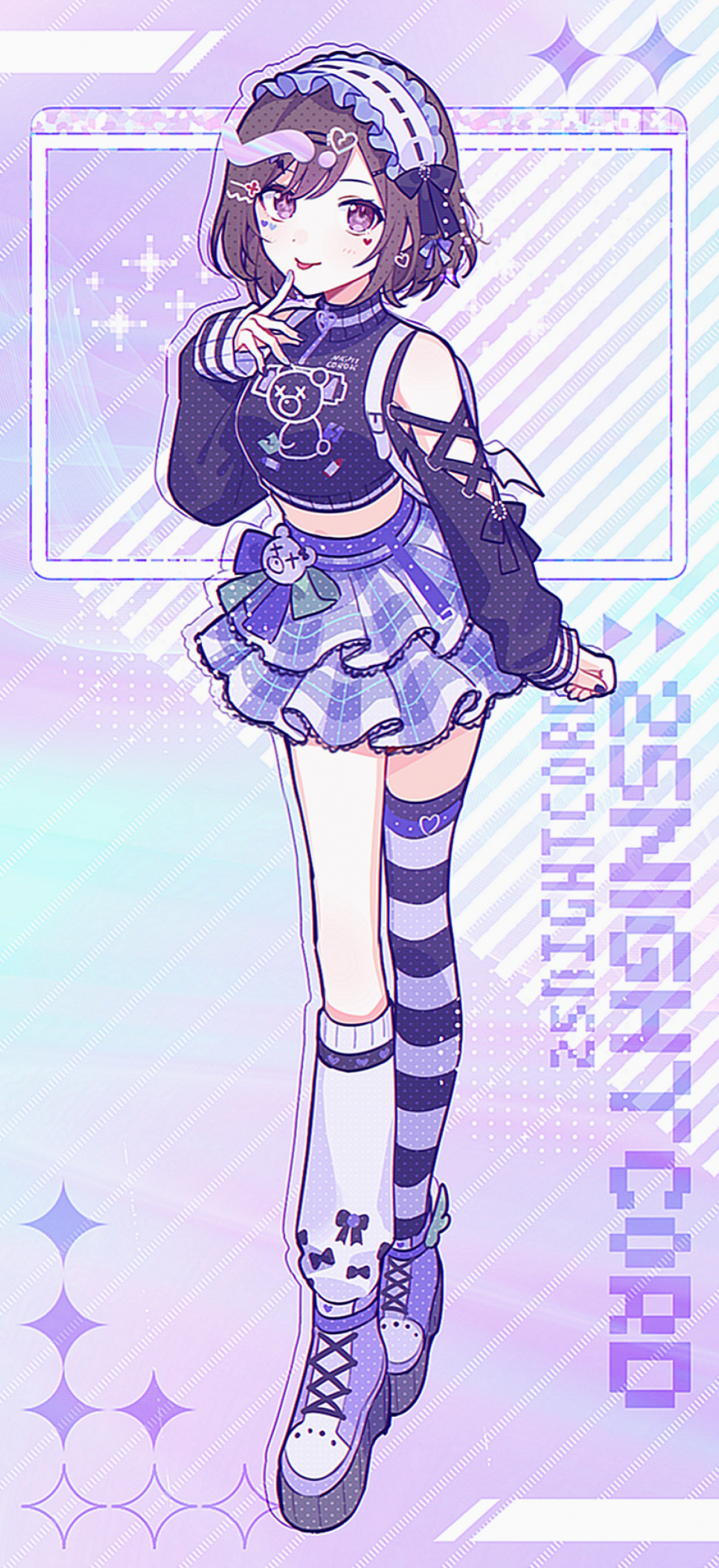waka (wk4444), shinonome ena, project sekai, commentary request, highres, 1girl, :p, arm at side, asymmetrical legwear, backpack, bag, belt, black bow, black nails, black shirt, bow, broken heart, broken heart hair ornament, brown hair, clothing cutout, crop top, cross-laced clothes, cross-laced cutout, cross-laced shoes, cross-laced sleeves, english text, facial mark, full body, grey nails, group name, hairband, hand up, heart, heart facial mark, leg warmers, lolita hairband, long sleeves, looking at viewer, loose socks, midriff, mismatched legwear, multicolored nails, navel, negai wa itsuka asa wo koete (project sekai), official alternate costume, official alternate eye color, plaid clothes, plaid skirt, platform shoes, purple background, purple belt, purple bow, purple eyes, purple shoes, purple skirt, purple theme, shirt, shoes, short hair, shoulder cutout, single loose sock, single thighhigh, skirt, sleeves past wrists, socks, solo, standing, striped clothes, striped thighhighs, swept bangs, thighhighs, tongue, tongue out, uneven legwear, winged bag, winged shoes, wings, yami kawaii