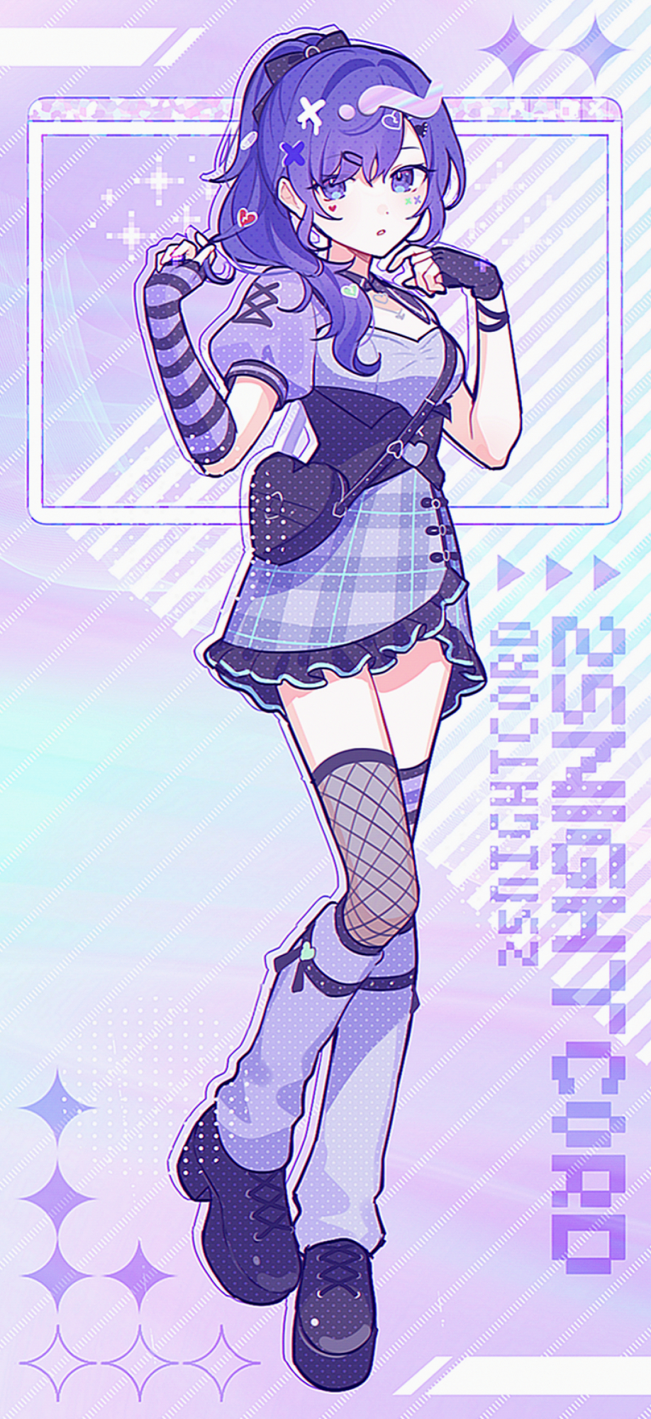 waka (wk4444), asahina mafuyu, project sekai, commentary request, highres, 1girl, asymmetrical gloves, asymmetrical legwear, bag, black bag, black bow, black shoes, bow, bright pupils, broken heart, broken heart hair ornament, cross-laced clothes, cross-laced shoes, cross-laced sleeves, english text, fingerless gloves, fishnet thighhighs, fishnets, frilled skirt, frills, full body, gloves, group name, hair bow, hair ornament, hair over shoulder, hands up, heart, heart-shaped bag, high ponytail, holding, holding own hair, leg warmers, long hair, looking at viewer, mismatched gloves, mismatched legwear, negai wa itsuka asa wo koete (project sekai), official alternate costume, parted lips, plaid clothes, plaid skirt, ponytail, puffy short sleeves, puffy sleeves, purple background, purple eyes, purple hair, purple leg warmers, purple skirt, purple theme, shoes, short sleeves, shoulder bag, single fishnet legwear, skirt, solo, standing, standing on one leg, striped clothes, striped gloves, striped thighhighs, swept bangs, thighhighs, uneven gloves, white pupils, x hair ornament, yami kawaii, zettai ryouiki