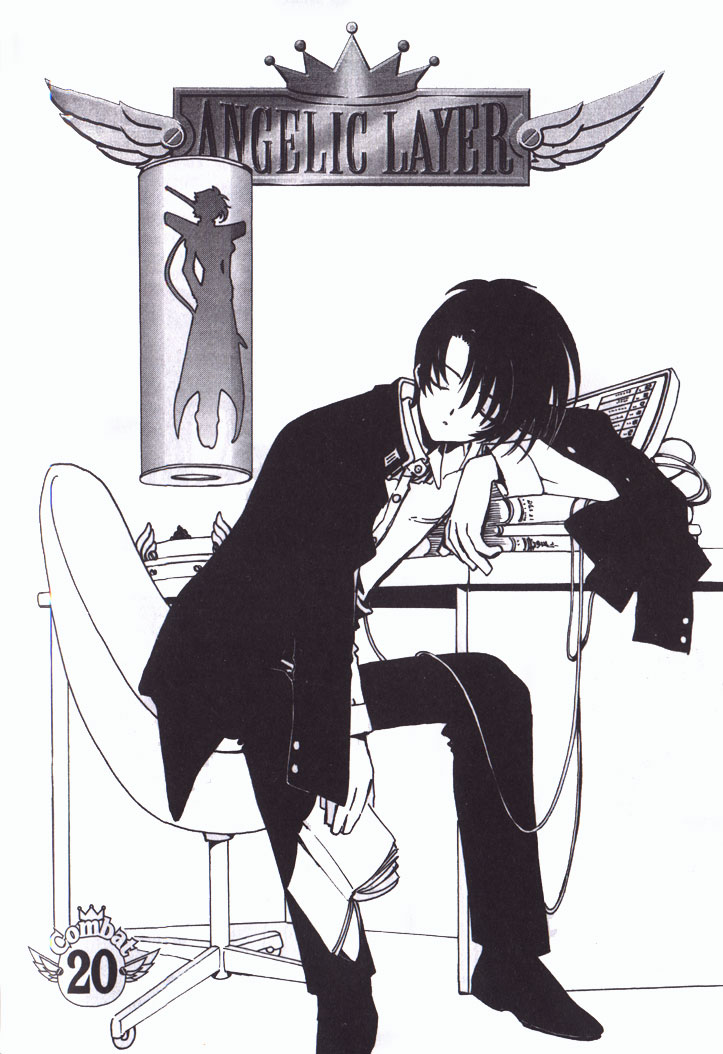 mihara oojirou, angelic layer, tagme, 1boy, indoors, male focus, monochrome, school uniform, sitting, white background