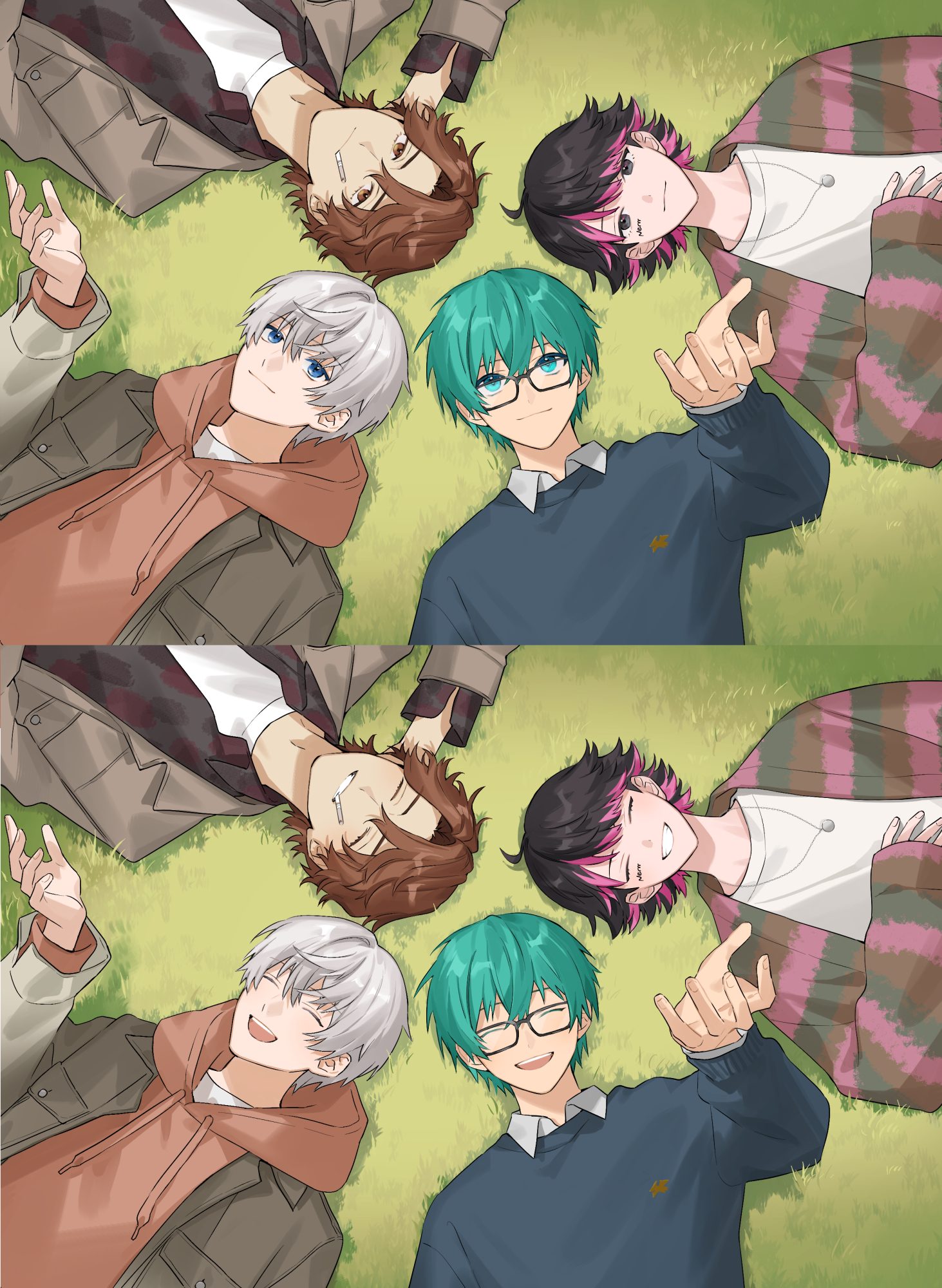 isamu, highres, official art, 4boys, :d, ^ ^, aqua eyes, aqua hair, arm behind head, average (oreviva), black eyes, black hair, black shirt, blue eyes, blue sweater, brown cardigan, brown eyes, brown hair, brown hoodie, cardigan, cigarette, circle formation, closed eyes, closed mouth, collared shirt, crew neck, curtained hair, drawstring, facial mark, facing viewer, flipped hair, from above, glasses, gradient clothes, gradient jacket, green cardigan, grey jacket, grin, group picture, hair between eyes, hand on own chest, hand up, hood, hood down, hoodie, jacket, looking at viewer, lying, male focus, meiya (oreviva), multicolored cardigan, multicolored hair, multiple boys, nero-chan (oreviva), on back, on grass, open clothes, open mouth, open shirt, oretachi no yuu viva!, pink cardigan, pink eyes, putera takahashi, shirt, smile, split screen, streaked hair, striped cardigan, sweater, unlit cigarette in mouth, upper body, white hair, white shirt, white undershirt