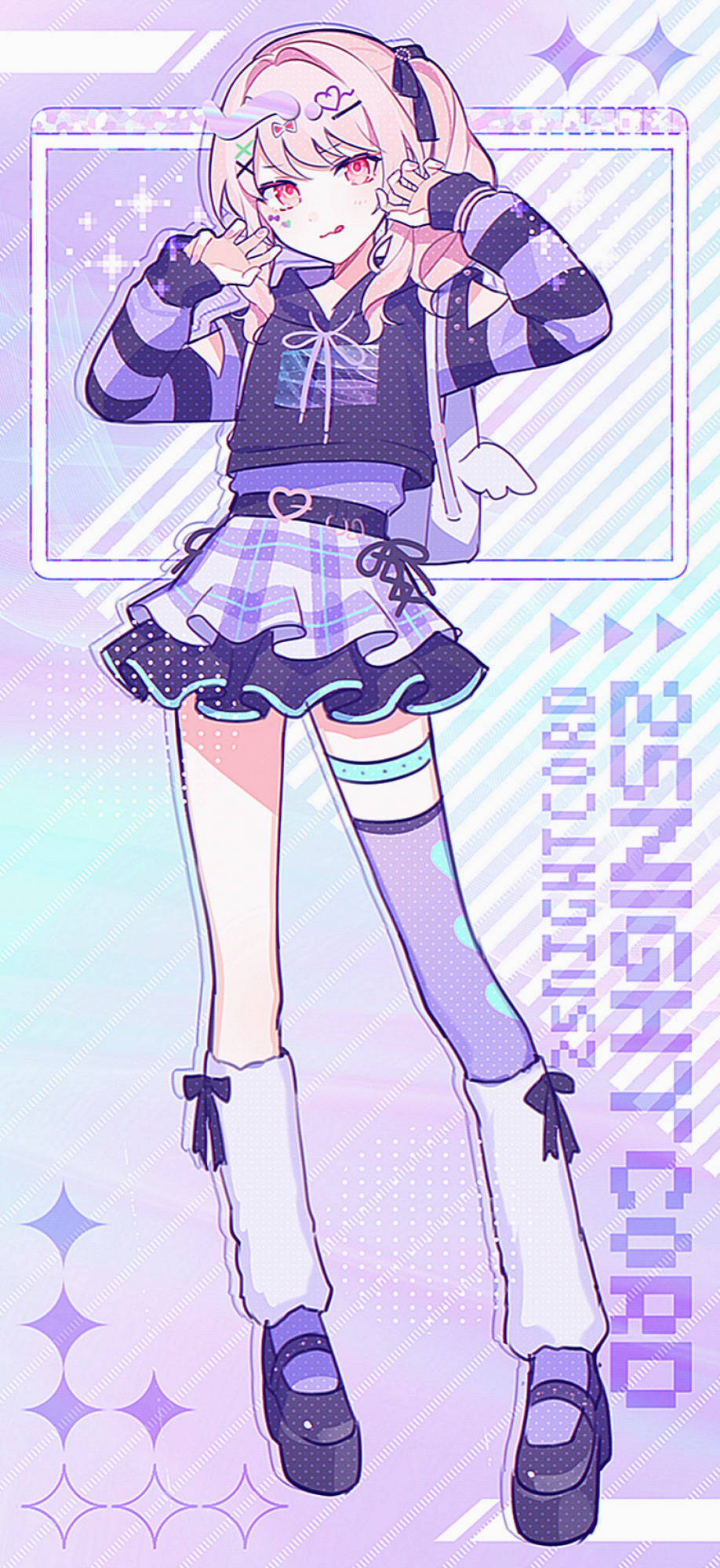 waka (wk4444), akiyama mizuki, project sekai, commentary request, highres, 1other, :q, asymmetrical legwear, backpack, bag, belt, black belt, black bow, black hoodie, black ribbon, black skirt, bow, buckle, claw pose, clothing cutout, cross-laced clothes, cross-laced skirt, english text, facial mark, full body, group name, hair bow, hair intakes, hair ornament, hair ribbon, halftone, hands up, heart, heart-shaped buckle, heart belt, heart facial mark, heart hair ornament, hood, hood down, hoodie, layered skirt, leg warmers, legs apart, light blush, long hair, long sleeves, looking at viewer, mary janes, negai wa itsuka asa wo koete (project sekai), official alternate costume, other focus, pink eyes, pink hair, plaid clothes, plaid skirt, platform shoes, purple background, purple leg warmers, purple skirt, purple socks, purple theme, purple thighhighs, ribbon, shoes, shoulder cutout, side ponytail, sidelocks, single sock, single thighhigh, skirt, socks, solo, standing, striped sleeves, swept bangs, thigh strap, thighhighs, tongue, tongue out, uneven legwear, winged bag, yami kawaii
