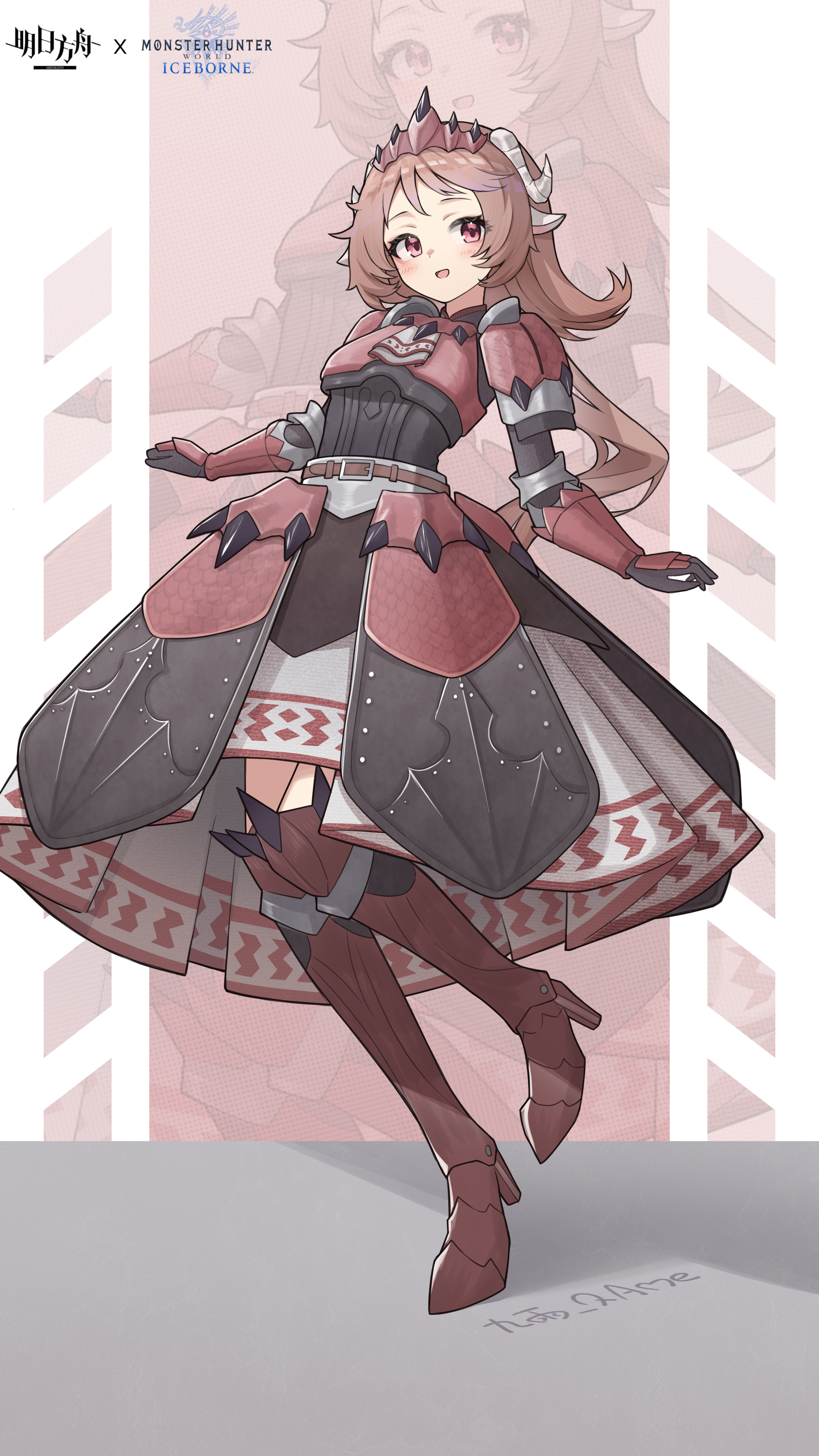 jiuyu qame, eyjafjalla (arknights), arknights, monster hunter: world, monster hunter (series), monster hunter world: iceborne, absurdres, chinese commentary, commentary request, highres, 1girl, :d, alternate costume, animal ears, armor, armored boots, armored dress, artist name, belt, belt buckle, blush, boots, brown belt, brown boots, brown hair, buckle, copyright name, curled horns, dress, full body, gauntlets, headpiece, horns, leg up, long hair, open mouth, pink eyes, sheep ears, sheep girl, sheep horns, smile, solo, standing, standing on one leg, thigh boots, white horns, zoom layer