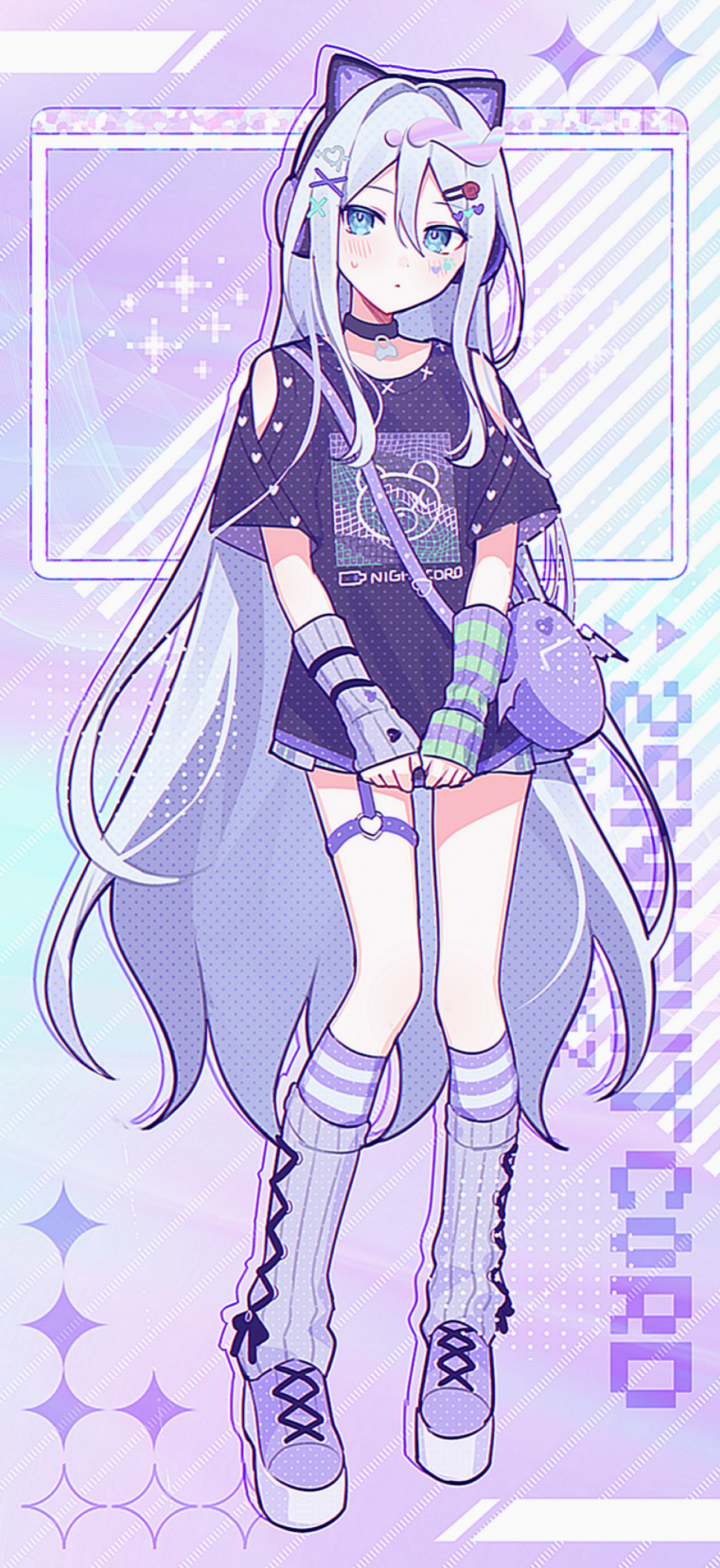waka (wk4444), yoisaki kanade, project sekai, commentary request, highres, 1girl, animal ear headphones, animal ears, arm warmers, asymmetrical gloves, bag, black choker, black shirt, blue eyes, bright pupils, cat ear headphones, choker, closed mouth, clothing cutout, colored eyelashes, cross-laced clothes, cross-laced legwear, cross-laced shoes, english text, fake animal ears, full body, garter straps, gloves, group name, hair between eyes, hair intakes, hair ornament, hair over shoulder, halftone, headphones, heart, heart o-ring, kneehighs, leg warmers, light blush, long hair, looking at viewer, mismatched arm warmers, negai wa itsuka asa wo koete (project sekai), o-ring, official alternate costume, pendant choker, plaid clothes, plaid skirt, platform shoes, pleated skirt, print shirt, purple background, purple bag, purple leg warmers, purple shoes, purple skirt, purple socks, purple theme, round bag, shirt, shirt tug, shoes, short sleeves, shoulder bag, shoulder cutout, single garter strap, skirt, sleeves past wrists, socks, solo, standing, striped arm warmers, striped clothes, striped socks, sweatdrop, thigh strap, untucked shirt, very long hair, white hair, winged bag, x hair ornament, yami kawaii