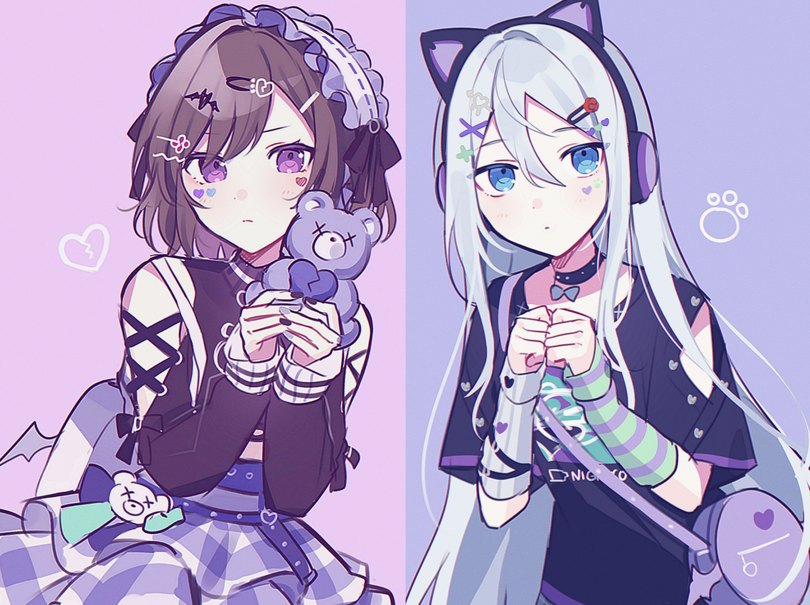 waka (wk4444), shinonome ena, yoisaki kanade, project sekai, commentary request, highres, 2girls, animal ear headphones, animal ears, arm warmers, bare shoulders, bat hair ornament, black bow, black choker, black shirt, black sweater, blush, bow, bow choker, brown hair, cat ear headphones, choker, clothing cutout, cross-laced clothes, cross-laced cutout, cross-laced sleeves, fake animal ears, hair bow, hair ornament, hairband, headphones, heart, heart sticker, holding, holding stuffed toy, lolita hairband, long hair, long sleeves, looking at viewer, mismatched arm warmers, multiple girls, negai wa itsuka asa wo koete (project sekai), official alternate costume, official alternate eye color, pink background, plaid clothes, plaid skirt, purple background, purple eyes, purple skirt, purple theme, shirt, short sleeves, shoulder cutout, simple background, skirt, sticker, striped arm warmers, stuffed animal, stuffed toy, sweater, teddy bear, upper body, very long hair, white hair, yami kawaii
