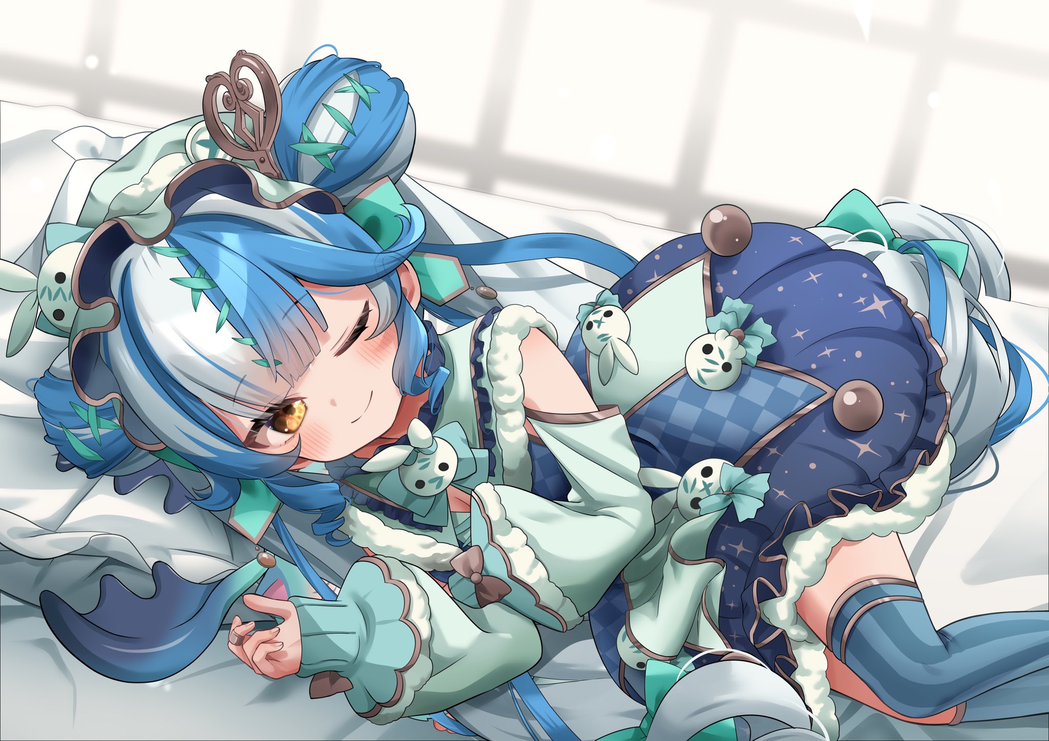 twisty amanozako, nijisanji, nijisanji en, artist request, highres, second-party source, 1girl, animal, aqua thighhighs, bandaid, bandaid on finger, blue bow, blue bowtie, blue hair, bow, bowtie, breasts, checkered clothes, checkered dress, cleavage, cleavage cutout, closed eyes, closed mouth, clothing cutout, double bun, dress, drooling, green bow, green bowtie, green hat, hair bow, hair bun, hair ornament, hat, holding, long hair, long sleeves, lying, mob cap, mouth drool, multicolored dress, multicolored hair, on bed, on side, one eye closed, pillow, smile, streaked hair, striped clothes, striped thighhighs, thighhighs, vertical-striped clothes, vertical-striped thighhighs, virtual youtuber, white hair, yellow eyes