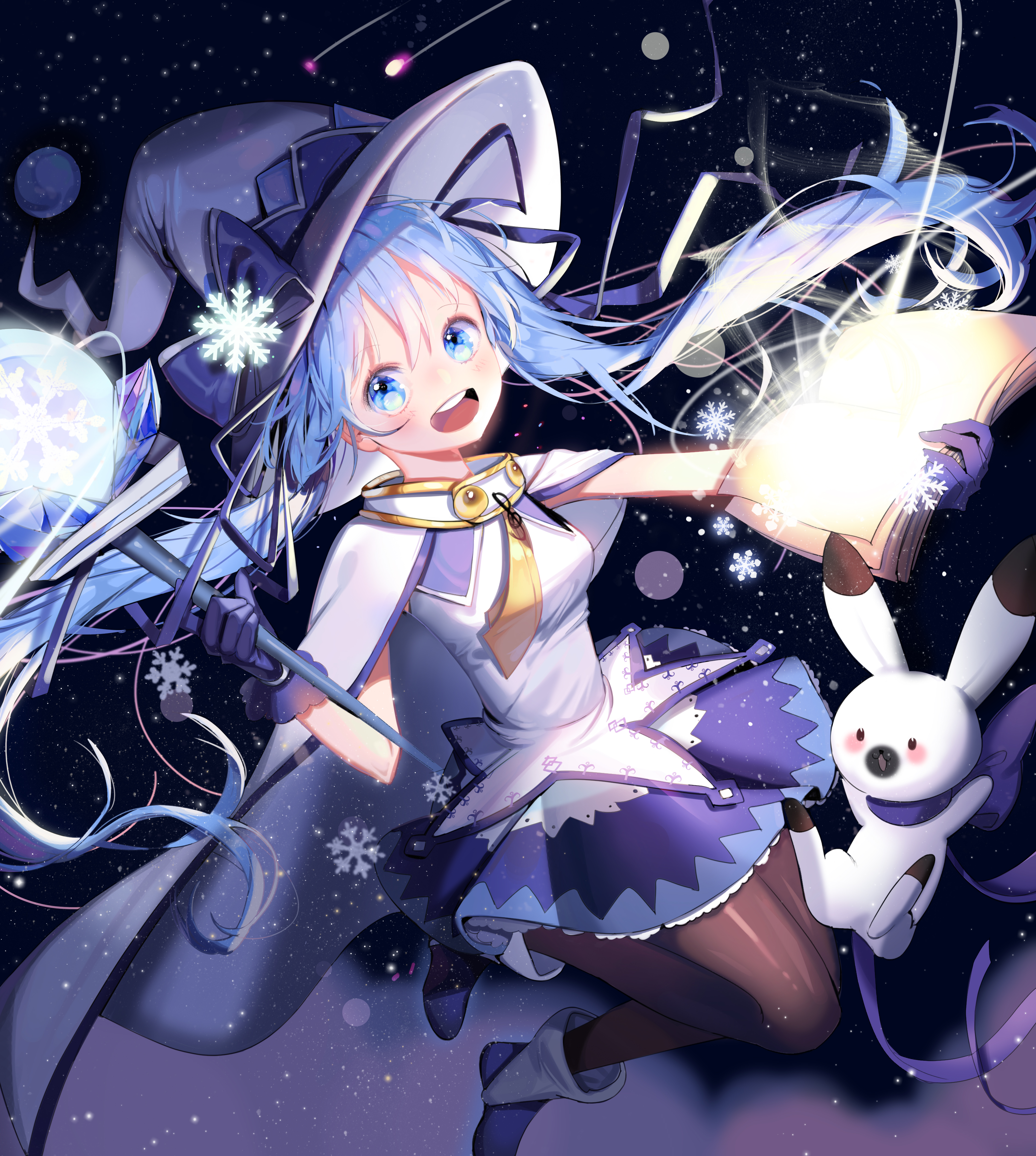 yomii ba chu, hatsune miku, rabbit yukine, yuki miku, yuki miku (2014), vocaloid, absurdres, commentary, highres, 1girl, 1other, aqua eyes, aqua hair, black gloves, black pantyhose, blush, book, breasts, cloak, flower, gloves, hat, hat flower, holding, holding book, holding wand, long hair, looking at viewer, medium breasts, open mouth, pantyhose, rabbit, shirt, smile, snow globe, snowflakes, twintails, very long hair, wand, white cloak, white shirt, witch, witch hat