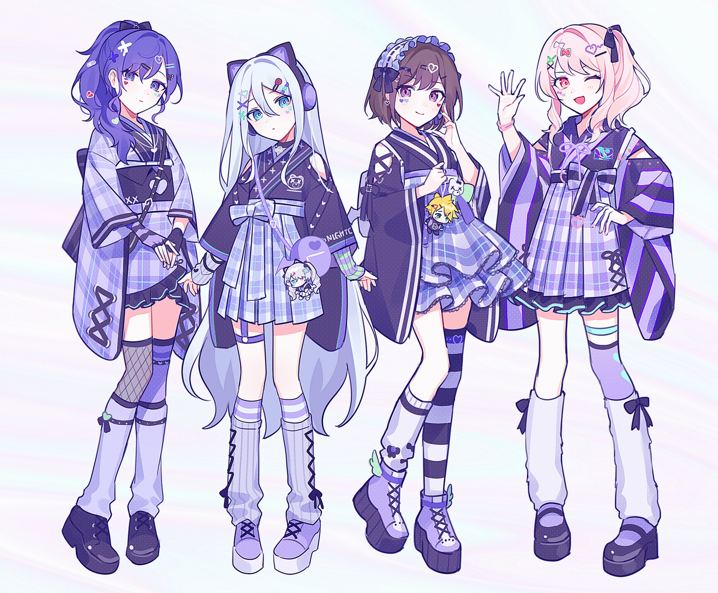 waka (wk4444), 25-ji len, 25-ji miku, akiyama mizuki, asahina mafuyu, hatsune miku, kagamine len, shinonome ena, yoisaki kanade, 25-ji nightcord de. (project sekai), project sekai, vocaloid, commentary request, highres, 1other, 3girls, adapted costume, animal ear headphones, animal ears, arm warmers, asymmetrical legwear, blue eyes, bow, brown eyes, brown hair, cat ear headphones, character doll, clothing cutout, colored eyelashes, cross-laced clothes, cross-laced cutout, cross-laced legwear, cross-laced skirt, cross-laced sleeves, doll, facial mark, fake animal ears, fishnet thighhighs, fishnets, frilled skirt, frills, full body, garter straps, gloves, grey hair, hair bow, hair ornament, hairband, hakama, hakama short skirt, hakama skirt, hand on own hip, headphones, heart, heart hair ornament, high ponytail, high side ponytail, japanese clothes, kimono, kneehighs, leg warmers, lolita hairband, long hair, long sleeves, looking at viewer, loose socks, mary janes, mismatched arm warmers, mismatched legwear, multiple girls, negai wa itsuka asa wo koete (project sekai), o-ring, o-ring thigh strap, official alternate eye color, over-kneehighs, pink eyes, pink hair, plaid clothes, plaid skirt, platform shoes, pleated skirt, ponytail, purple bow, purple eyes, purple hair, purple kimono, purple leg warmers, purple shoes, purple skirt, purple socks, purple theme, purple thighhighs, round bag, shoes, shoulder cutout, side ponytail, single fishnet legwear, single garter strap, single loose sock, single over-kneehigh, single sock, single thighhigh, skirt, sneakers, socks, striped clothes, striped socks, striped thighhighs, thigh strap, thighhighs, uneven legwear, very long hair, waving, white hair, white leg warmers, wide sleeves, winged bag, winged shoes, wings, x hair ornament