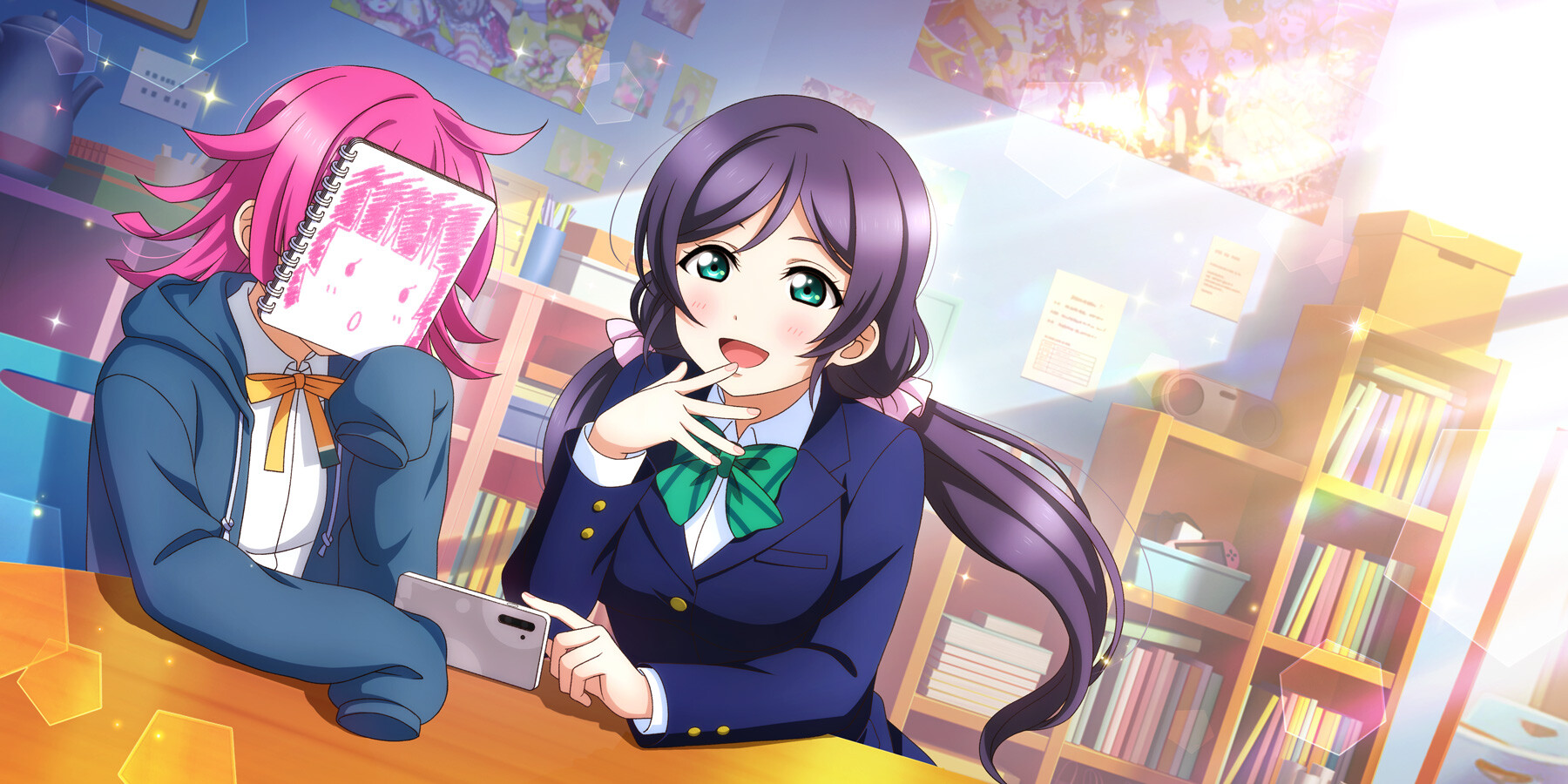 tennoji rina, tojo nozomi, love live!, love live! nijigasaki high school idol club, love live! school idol festival all stars, love live! school idol project, highres, official art, 2girls, :o, ahoge, anime coloring, blazer, blue hoodie, blue jacket, blunt bangs, blunt ends, blush, book, book stack, boombox, bow, bowtie, box, breasts, cellphone, chair, clubroom, diagonal-striped bow, diagonal-striped bowtie, diagonal-striped clothes, dress shirt, dutch angle, elbow on table, elbows on table, evening, green bow, green bowtie, green eyes, hair ornament, hair scrunchie, hand up, handheld game console, holding, holding sketchbook, hood, hood down, hoodie, indoors, jacket, kishimen hair, large breasts, lens flare, light rays, long hair, long sleeves, looking at object, looking at phone, looking down, low twintails, medium hair, multiple girls, neck ribbon, nijigasaki school uniform, on chair, open clothes, open hand, open hoodie, open mouth, otonokizaka school uniform, phone, pink hair, pink scrunchie, poster (object), purple hair, ribbon, rina-chan board, school uniform, scrunchie, shelf, shirt, sitting, sketchbook, sleeves past fingers, sleeves past wrists, small breasts, smartphone, smile, sparkle, spread fingers, striped bow, striped bowtie, striped clothes, sunbeam, sunlight, table, teapot, twintails, upper body, white shirt, winter uniform, yellow ribbon