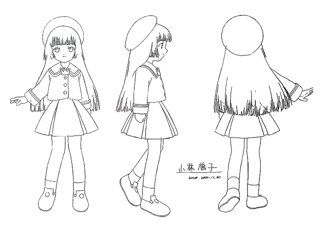 kobayashi hatoko, angelic layer, monochrome, school uniform, serafuku, sketch