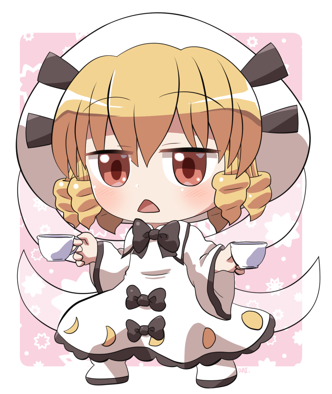 rokugou daisuke, luna child, touhou, commentary request, highres, 1girl, black bow, black bowtie, blonde hair, blush, border, bow, bowtie, chestnut mouth, chibi, chibi only, cup, dress, dress bow, drill hair, fairy wings, frilled dress, frills, full body, hat, holding, holding cup, long sleeves, looking at viewer, open mouth, outside border, pink background, red eyes, shoes, short hair, signature, solo, standing, white border, white dress, white hat, white shoes, wide sleeves, wings