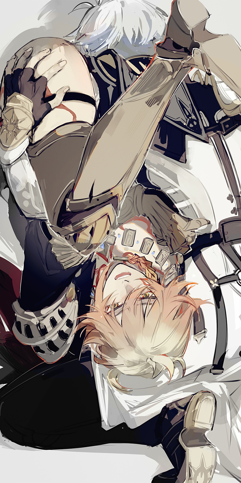 mississipping, mydei (honkai: star rail), phainon (honkai: star rail), honkai: star rail, honkai (series), chinese commentary, commentary request, highres, 2boys, antenna hair, armor, armored boots, black coat, black gloves, black shirt, blonde hair, boots, braid, chest tattoo, coat, earrings, face in ass, facial tattoo, fingerless gloves, gloves, gold earrings, gradient hair, hair between eyes, hand on another's ass, jewelry, male focus, medium hair, multicolored hair, multiple boys, open clothes, open coat, pauldrons, red hair, red tattoo, shirt, short hair, shoulder armor, side braid, single pauldron, tattoo, thigh strap, white coat, white hair, yaoi, yellow eyes
