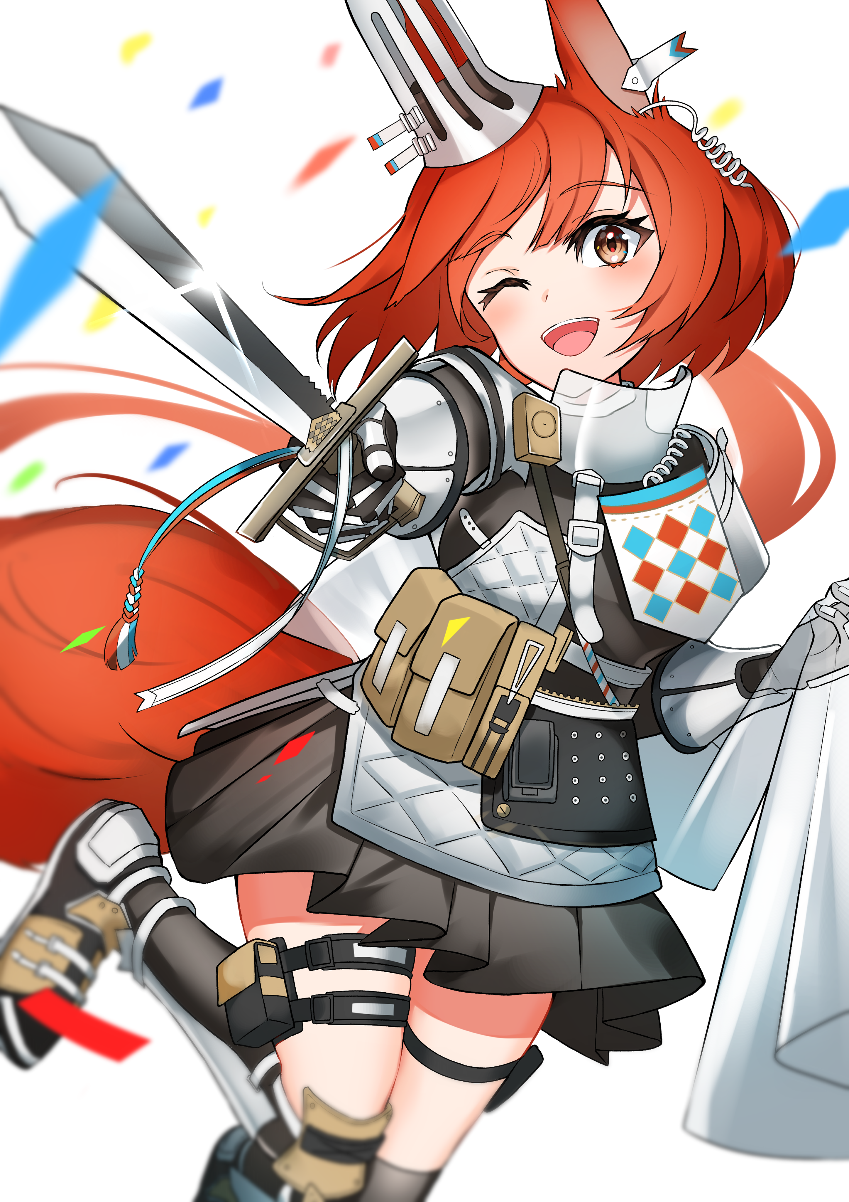 k@bu, flametail (arknights), arknights, absurdres, commentary, commentary request, highres, revision, 1girl, animal ears, armor, black skirt, brown eyes, earclip, gambeson, gauntlets, holding, holding sword, holding weapon, looking at viewer, one eye closed, open mouth, pouch, red hair, short hair, skirt, smile, solo, squirrel ears, squirrel girl, squirrel tail, sword, tail, thigh pouch, weapon