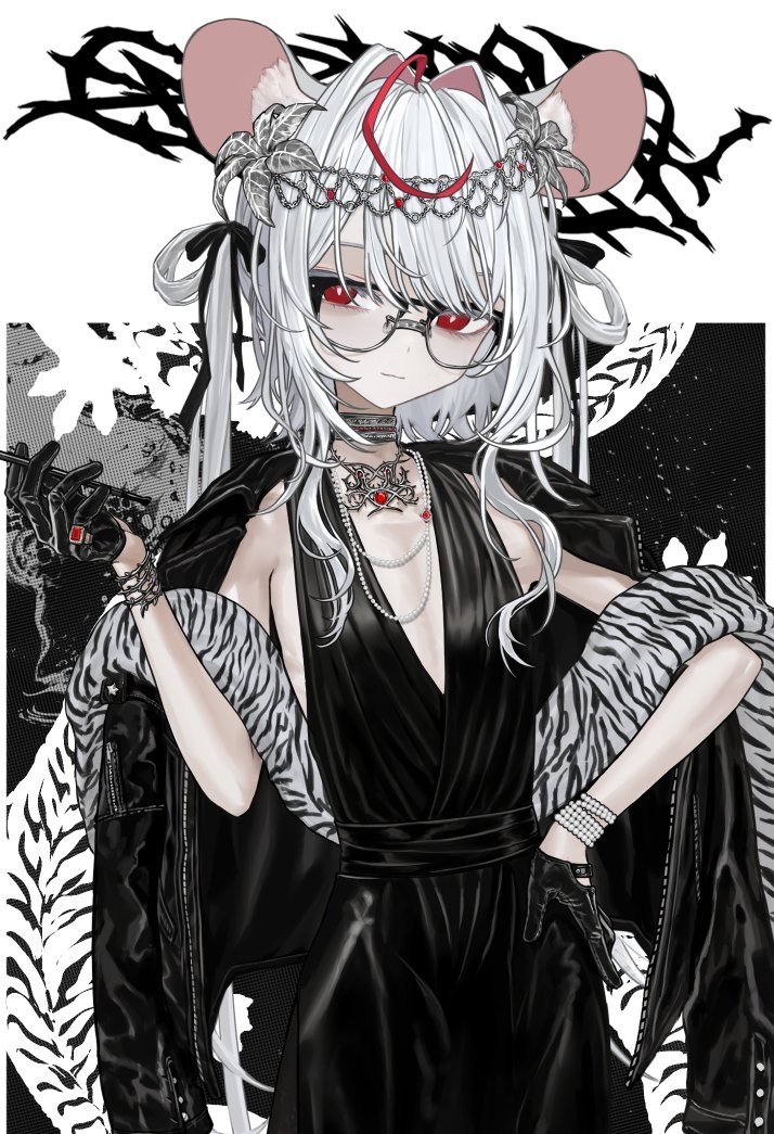 zhayoulu, original, commentary, symbol-only commentary, 1girl, ahoge, animal ears, animal print, black dress, black gloves, black jacket, black ribbon, closed mouth, dress, glasses, gloves, hair intakes, hair ribbon, hand on own hip, holding, holding smoking pipe, jacket, jacket on shoulders, jewelry, long hair, looking at viewer, mouse ears, mouse girl, multicolored hair, necklace, open clothes, open jacket, red eyes, red hair, ribbon, shawl, sleeveless, sleeveless dress, smoking pipe, solo, white hair, zebra print