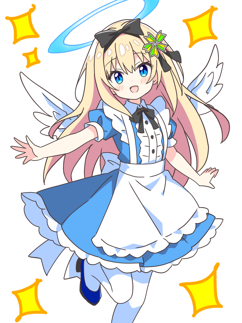 kotatsu-mazoku, original, commentary request, highres, 1girl, :d, angel, angel wings, apron, black bow, black bowtie, blonde hair, blue dress, blue eyes, blue halo, blue shoes, blush, bow, bowtie, dot nose, dress, foot out of frame, frilled apron, frilled dress, frills, hair bow, hair ornament, halo, high heels, long hair, looking at viewer, open mouth, outstretched arm, pantyhose, shoes, short sleeves, shoshinsha angel girl (kotatsu-mazoku), shoshinsha mark, simple background, smile, solo, sparkle, standing, standing on one leg, white apron, white background, white pantyhose, white wings, wings