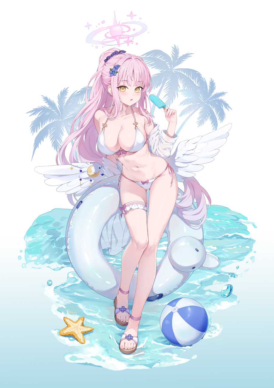hokori sakuni, mika (blue archive), blue archive, commentary request, highres, 1girl, :o, ball, beach, beachball, bikini, blush, breasts, cleavage, feathered wings, food, frilled thigh strap, full body, halo, holding, holding food, holding popsicle, innertube, large breasts, long hair, looking at viewer, nail polish, navel, ocean, palm tree, pink hair, platform sandals, ponytail, popsicle, sandals, side-tie bikini bottom, solo, starfish, stomach, swim ring, swimsuit, thigh strap, thighs, toenail polish, toenails, toes, tree, very long hair, white bikini, white wings, wings