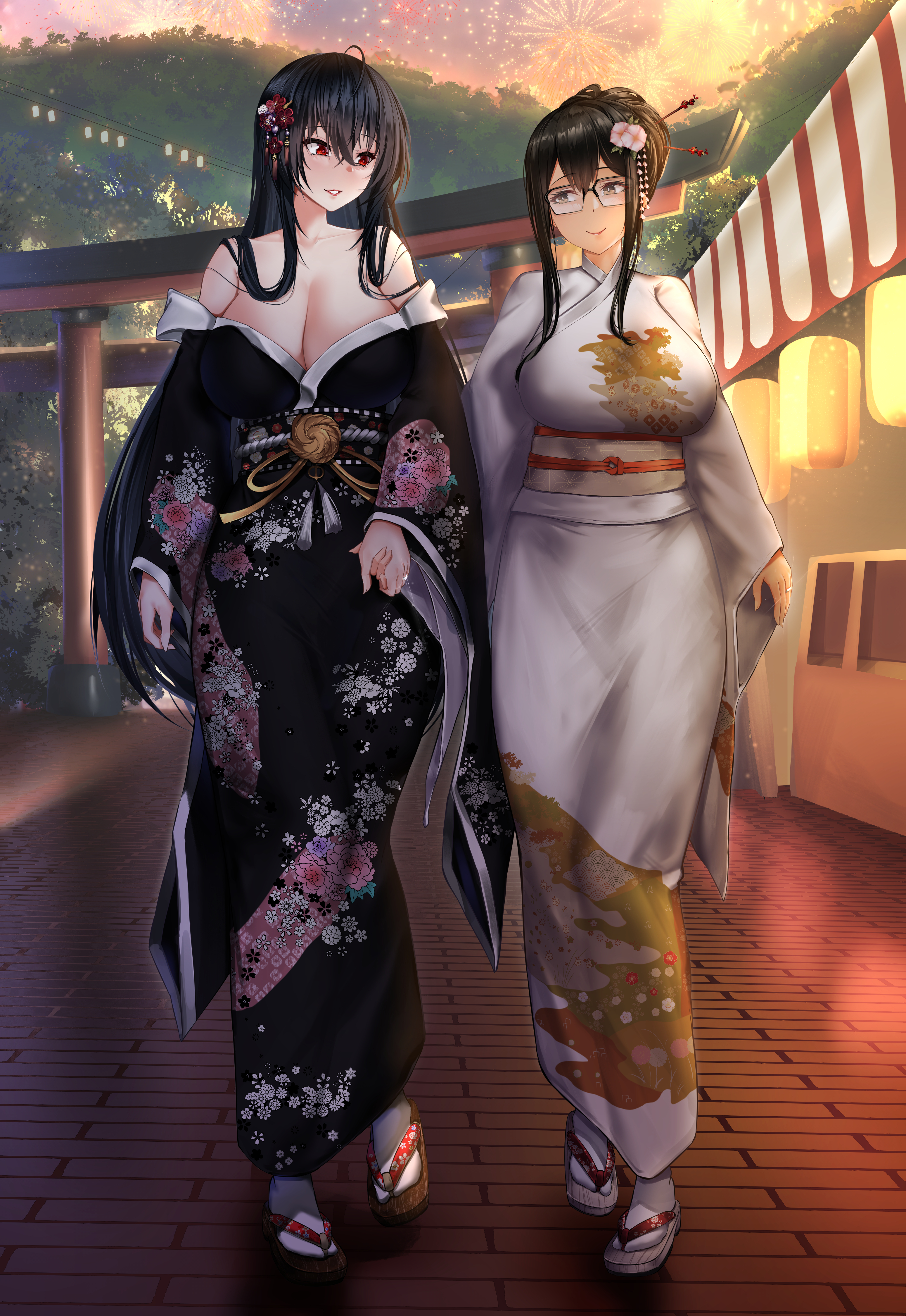 irkawaza, taihou (azur lane), azur lane, absurdres, commission, highres, 2girls, aerial fireworks, bare shoulders, black hair, black kimono, black sash, breasts, cleavage, closed mouth, collarbone, fireworks, floral print, floral print kimono, flower, glasses, grey sash, hair between eyes, hair flower, hair ornament, hair stick, holding hands, japanese clothes, jewelry, kimono, long hair, multiple girls, obi, obijime, off shoulder, parted lips, print kimono, red eyes, ring, sash, smile, summer festival, tabi, tassel, torii, white flower, white kimono, wide sleeves, yuri