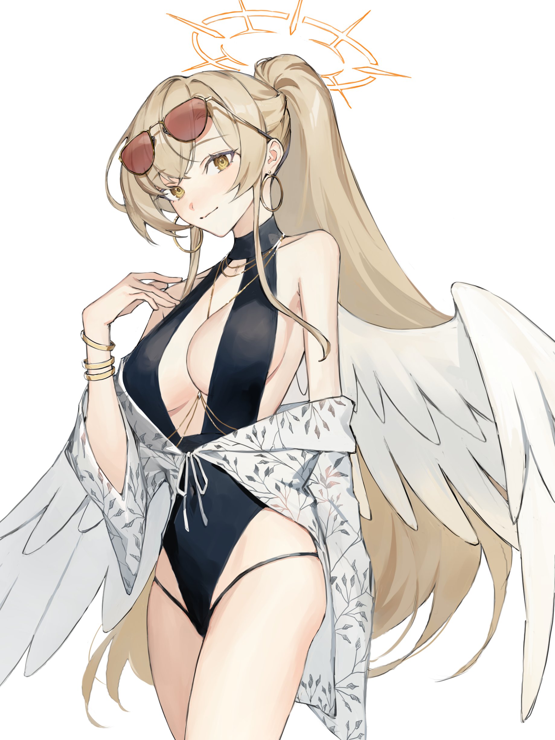nagisa (blue archive), nagisa (swimsuit) (blue archive), blue archive, absurdres, highres, 1girl, angel wings, black one-piece swimsuit, feathered wings, gmmiya1999, halo, low wings, official alternate costume, official alternate hairstyle, one-piece swimsuit, simple background, solo, swimsuit, white background, white wings, wings