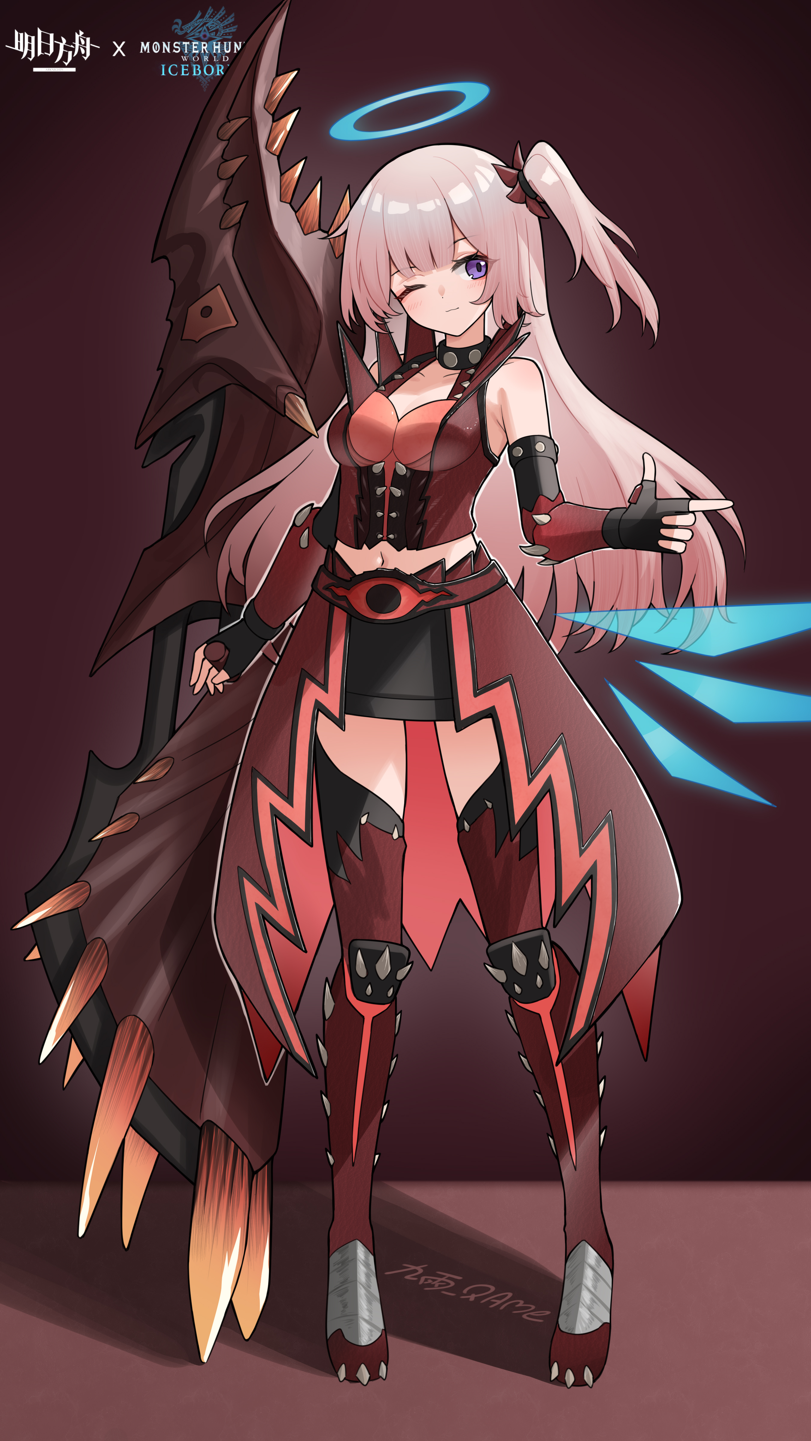 jiuyu qame, ambriel (arknights), arknights, monster hunter: world, monster hunter (series), monster hunter world: iceborne, absurdres, chinese commentary, commentary request, highres, 1girl, alternate costume, armor, armored boots, artist name, bare shoulders, black collar, blue halo, blush, boots, breasts, cleavage, closed mouth, collar, copyright name, finger gun, full body, halo, huge weapon, light smile, long hair, looking to the side, medium breasts, midriff, navel, one eye closed, one side up, pink hair, pointing, pointing to the side, purple eyes, red boots, solo, spiked armor, spiked boots, standing, thigh boots, traditional halo, vambraces, weapon