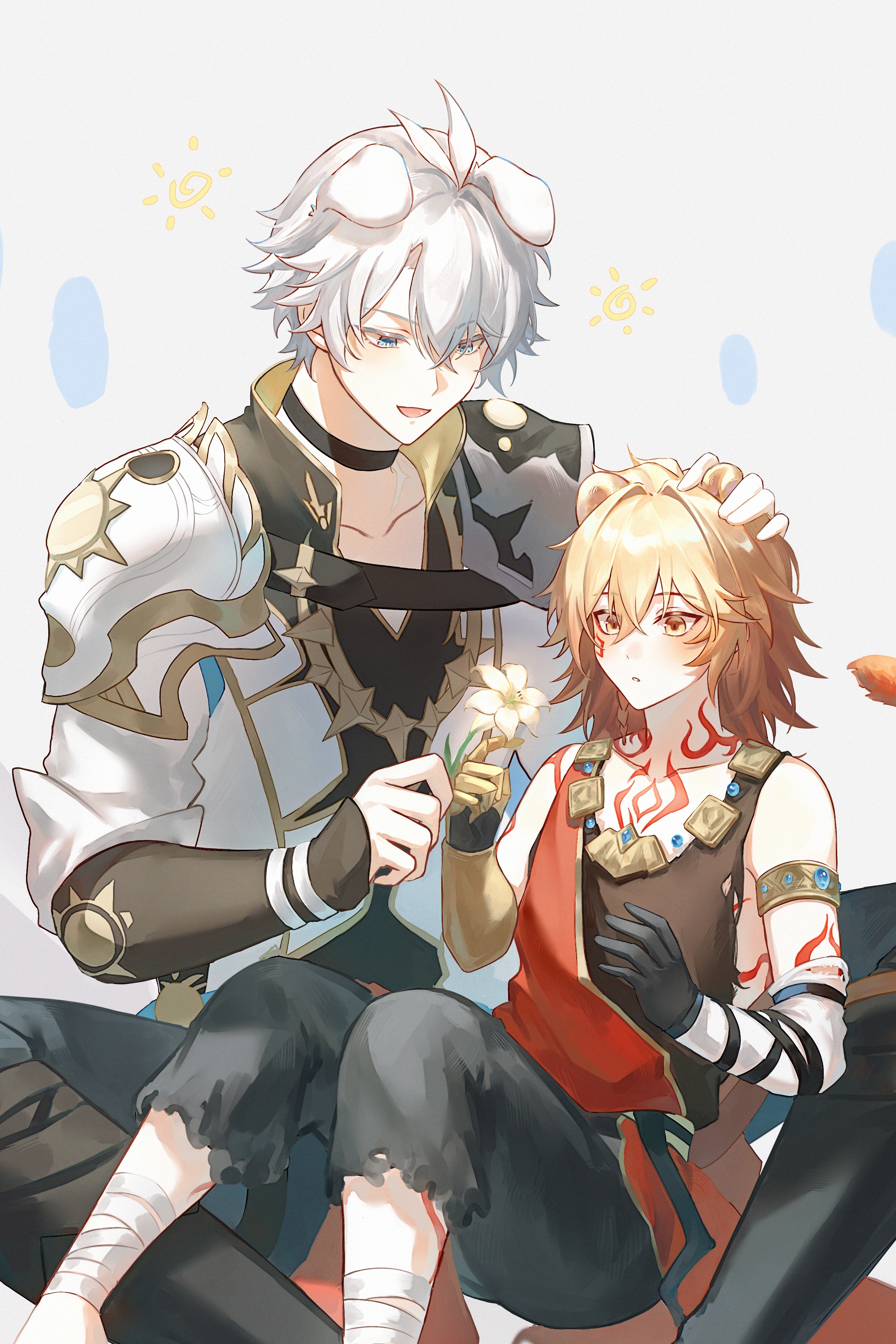 mydei (a trail of bygone blood) (honkai: star rail), mydei (honkai: star rail), phainon (honkai: star rail), honkai: star rail, honkai (series), absurdres, chinese commentary, commentary request, highres, 2boys, animal ears, antenna hair, arm tattoo, armlet, armor, bandaged leg, bandages, black choker, black pants, black shirt, blonde hair, blue cape, blue eyes, braid, cape, chest tattoo, choker, clawed gauntlets, coat, dog boy, dog ears, facial tattoo, flower, fuyunlark15430, gold necklace, gradient hair, hair between eyes, hand on another's head, holding, holding flower, jewelry, lion boy, lion ears, lion tail, male focus, medium hair, multicolored hair, multiple boys, necklace, official alternate costume, pants, pauldrons, red hair, red tattoo, shirt, short hair, shorts, shoulder armor, side braid, simple background, single pauldron, sleeveless, sleeveless shirt, tail, tattoo, torn clothes, torn shirt, torn shorts, white background, white coat, white hair, yellow eyes