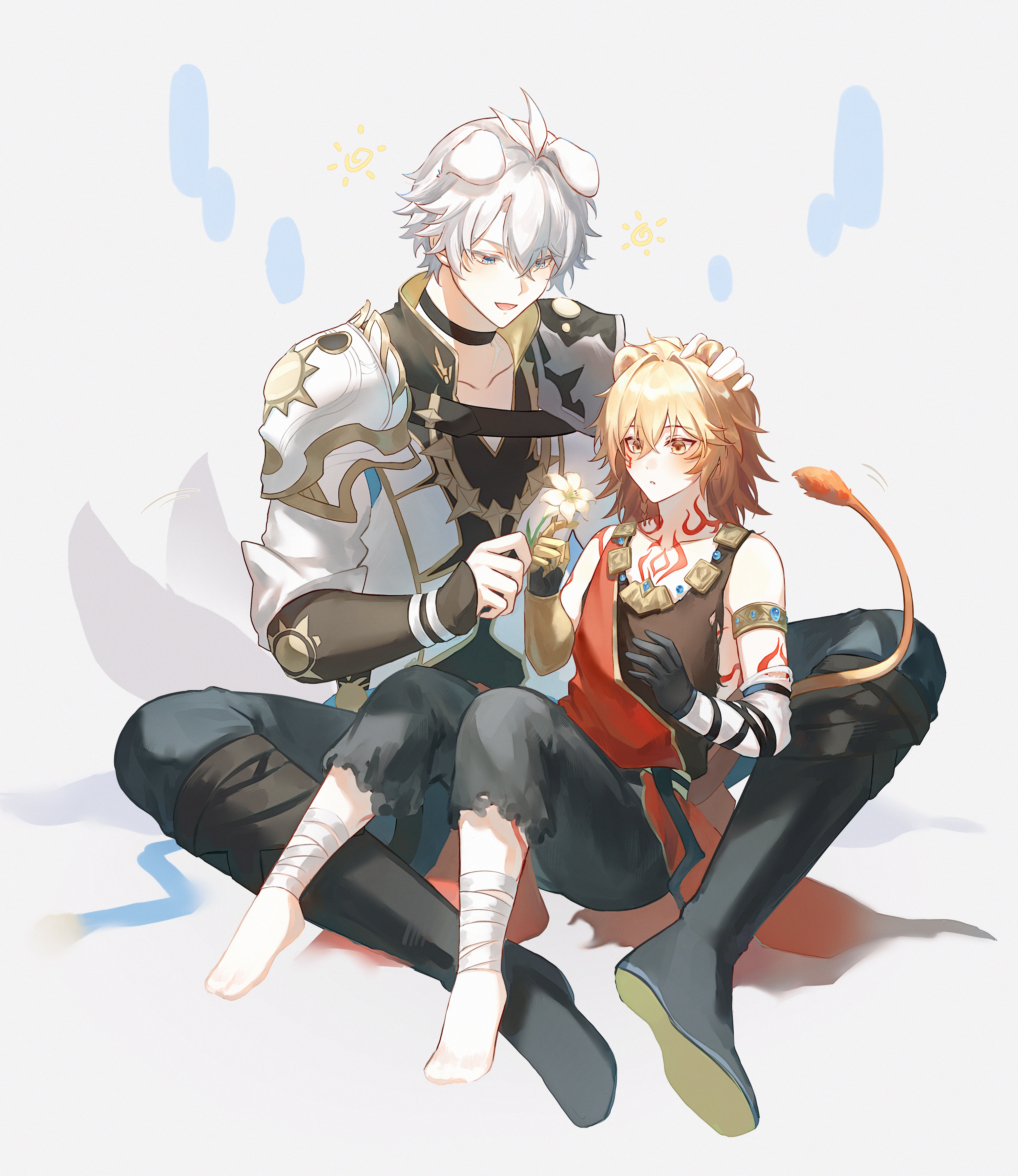 mydei (a trail of bygone blood) (honkai: star rail), mydei (honkai: star rail), phainon (honkai: star rail), honkai: star rail, honkai (series), absurdres, chinese commentary, commentary request, highres, 2boys, animal ears, antenna hair, arm tattoo, armlet, armor, bandaged leg, bandages, black choker, black pants, black shirt, blonde hair, blue cape, blue eyes, braid, cape, chest tattoo, choker, clawed gauntlets, coat, dog boy, dog ears, dog tail, facial tattoo, flower, fuyunlark15430, gold necklace, gradient hair, hair between eyes, holding, holding flower, jewelry, lion boy, lion ears, lion tail, male focus, medium hair, multicolored hair, multiple boys, necklace, official alternate costume, pants, pauldrons, red hair, red tattoo, shirt, short hair, shorts, shoulder armor, side braid, simple background, single pauldron, sleeveless, sleeveless shirt, tail, tattoo, torn clothes, torn shirt, torn shorts, white background, white coat, white hair, yellow eyes