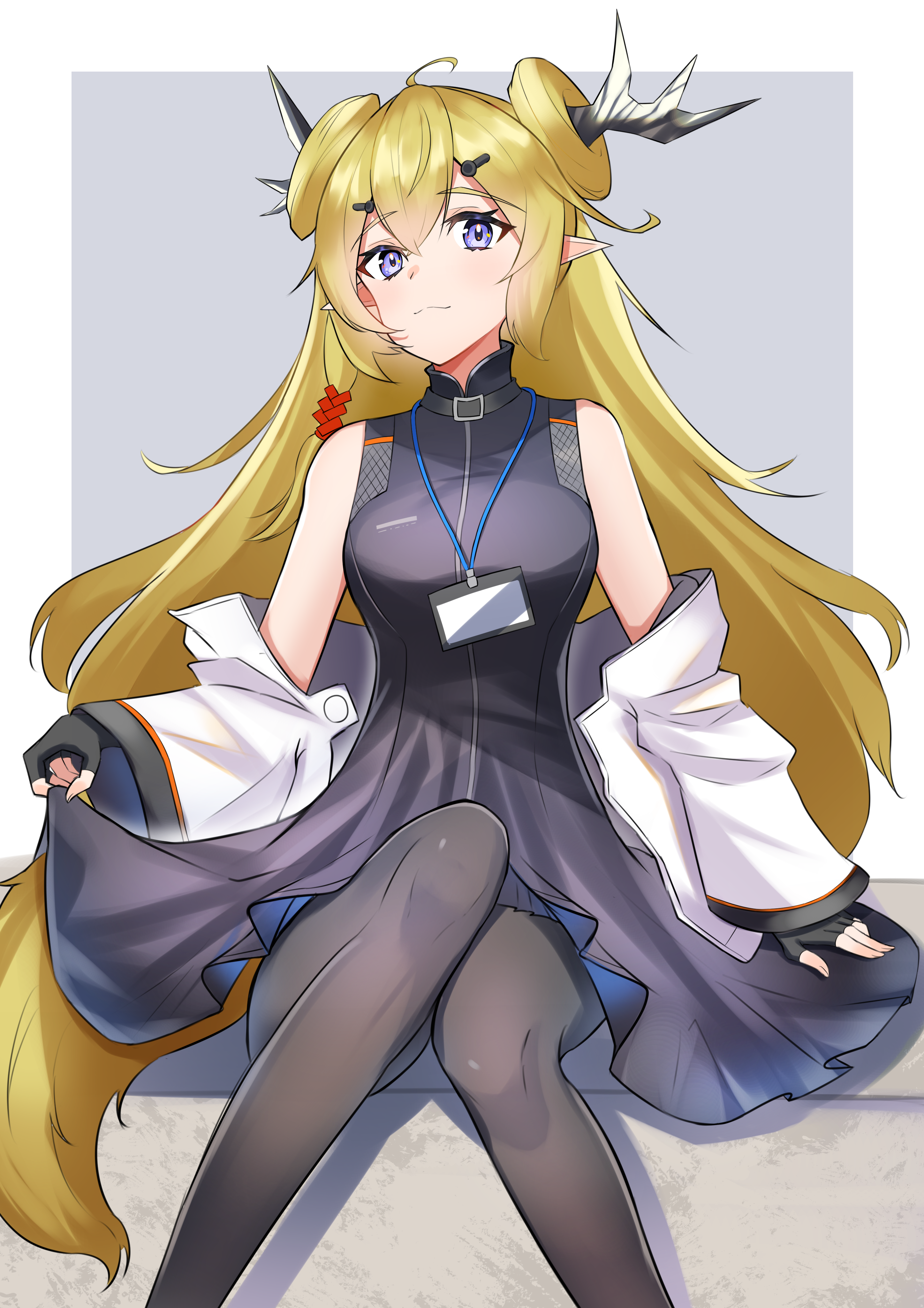 k@bu, leizi (arknights), arknights, absurdres, commentary, commentary request, highres, 1girl, ahoge, black dress, black gloves, black pantyhose, blonde hair, blue background, border, breasts, clothes lift, double bun, dress, dress lift, feet out of frame, fingerless gloves, gloves, hair between eyes, hair bun, hair ornament, hairclip, horns, id card, jacket, lifting own clothes, long hair, looking at viewer, medium breasts, off shoulder, open clothes, open jacket, outside border, pantyhose, pointy ears, purple eyes, simple background, sitting, sleeveless, sleeveless dress, solo, tail, very long hair, white border, white jacket