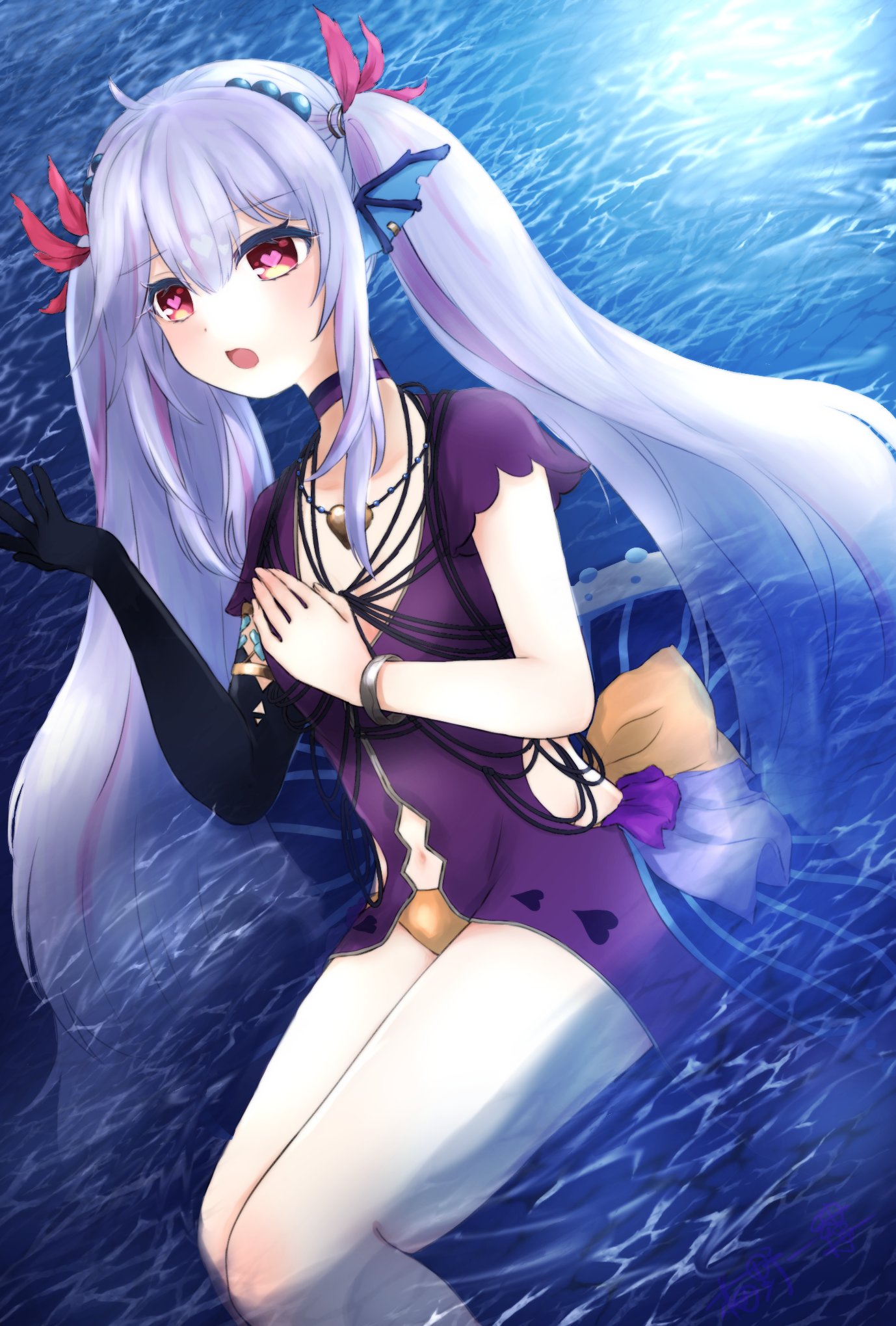 chaos mermaid (grimms notes), grimms notes, bad id, bad twitter id, 1girl, ichiru umeno, long hair, pink eyes, purple hair, solo, water